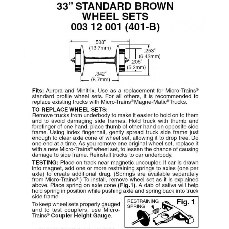 Micro-Trains 312001 N Scale 33" Standard Wheelsets Plastic Nonmagnetic Brown Axles (48 pcs)