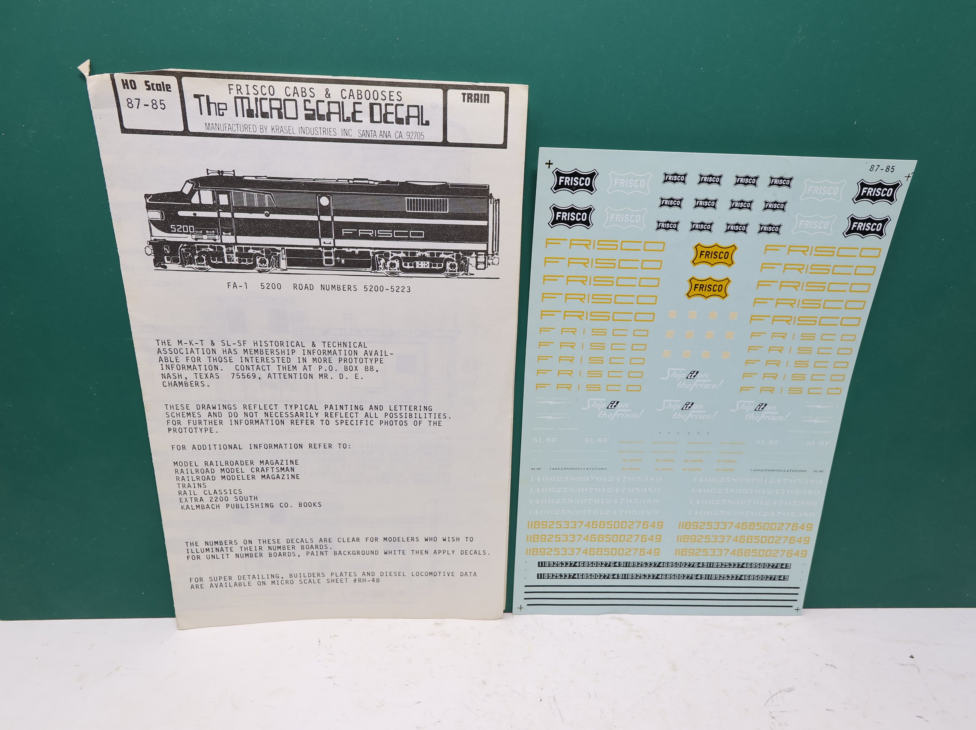 USED MICROSCALE 87-85 HO Scale, Frisco Cabs & Cabooses Decals (Open Pack)