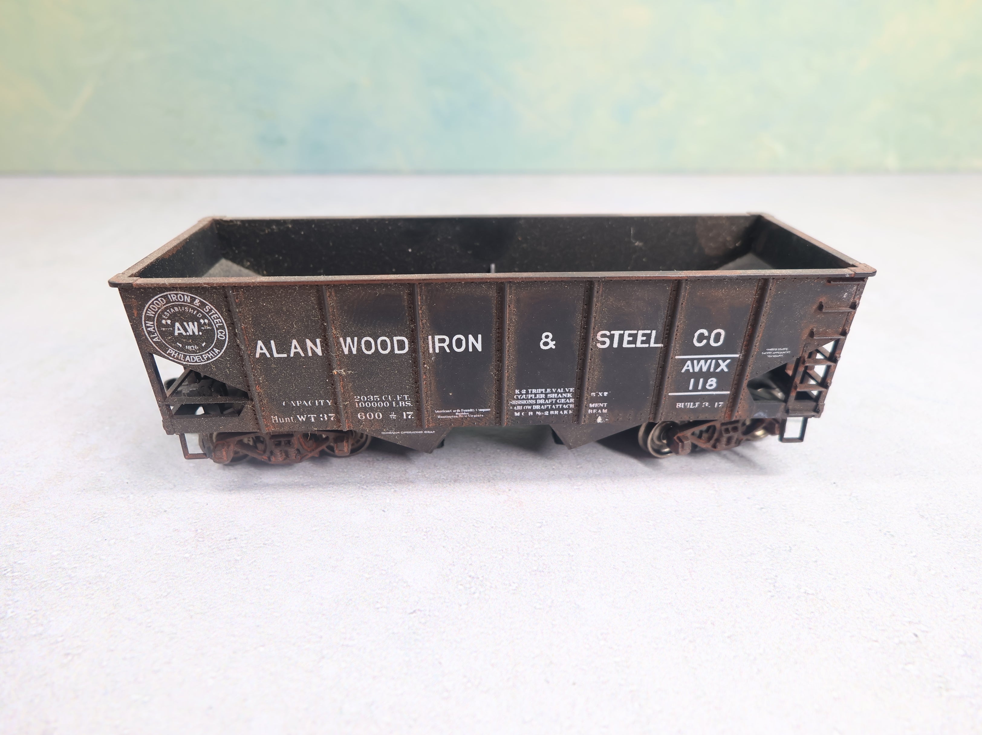 USED Accurail HO Scale 2 Bay Hopper Alanwood Iron & Steel Co AWIX #118 Weathered