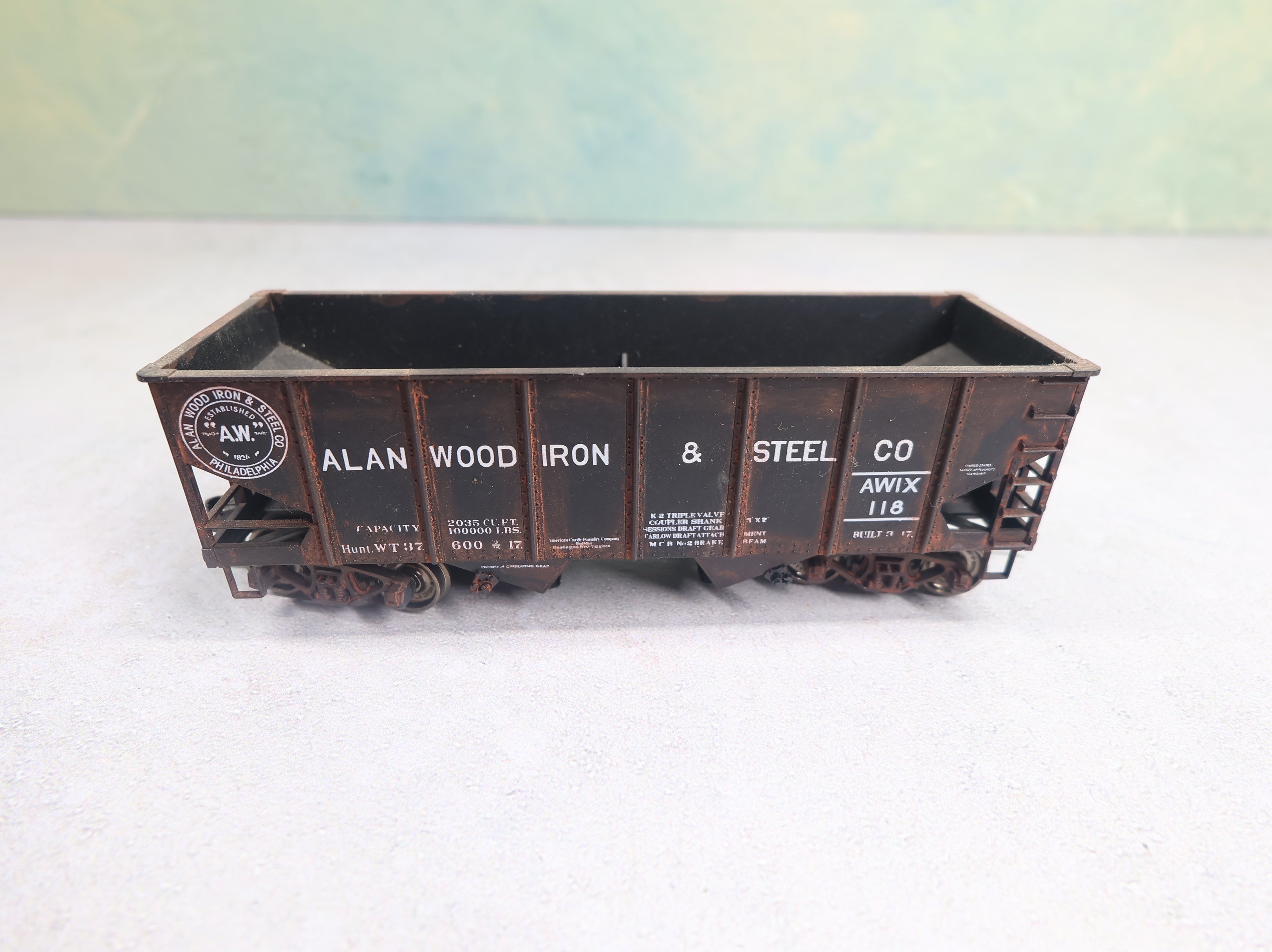 USED Accurail HO Scale 2 Bay Hopper Alanwood Iron & Steel Co AWIX #118 Weathered