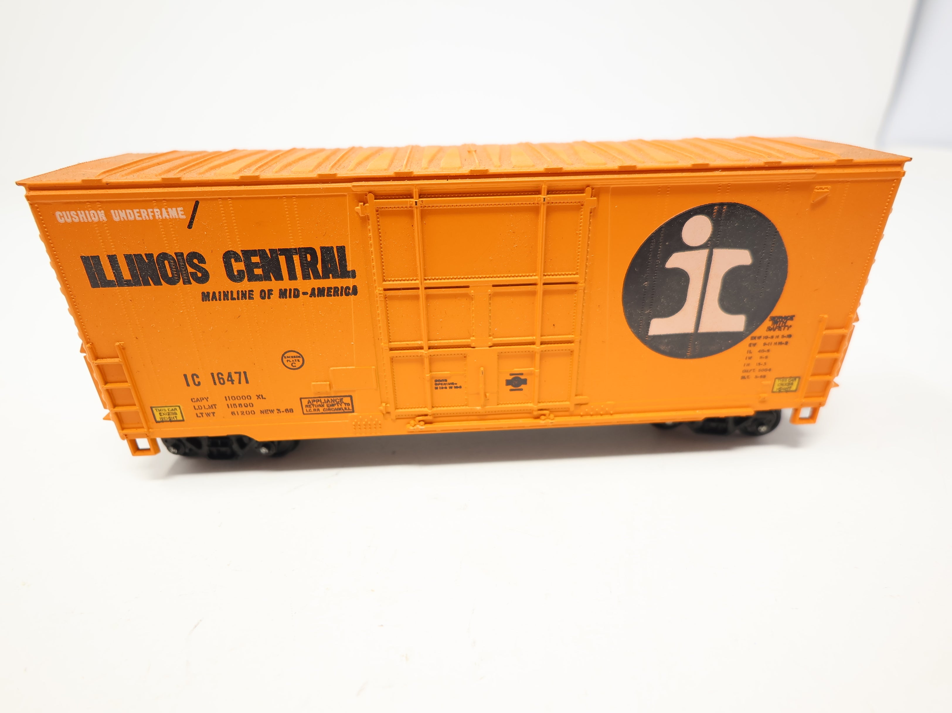 USED Athearn HO Scale 40' HI-Cube Box Car w/ Spinning Roller-Bearing Trucks Illinois Central IC #16471