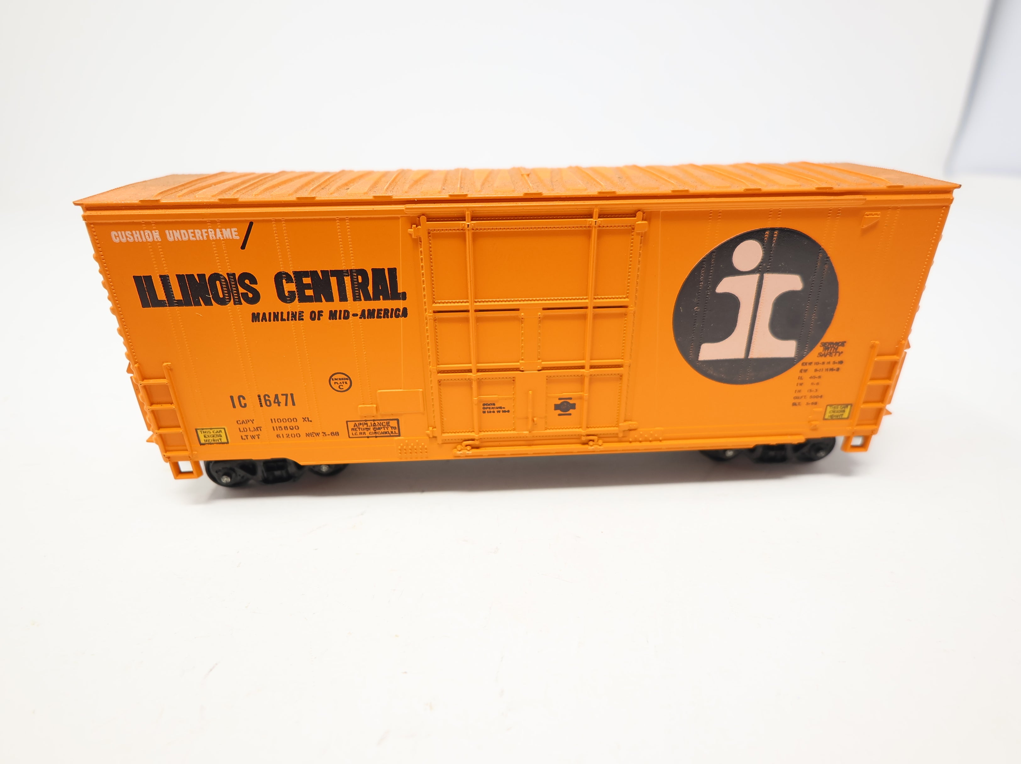 USED Athearn HO Scale 40' HI-Cube Box Car w/ Spinning Roller-Bearing Trucks Illinois Central IC #16471