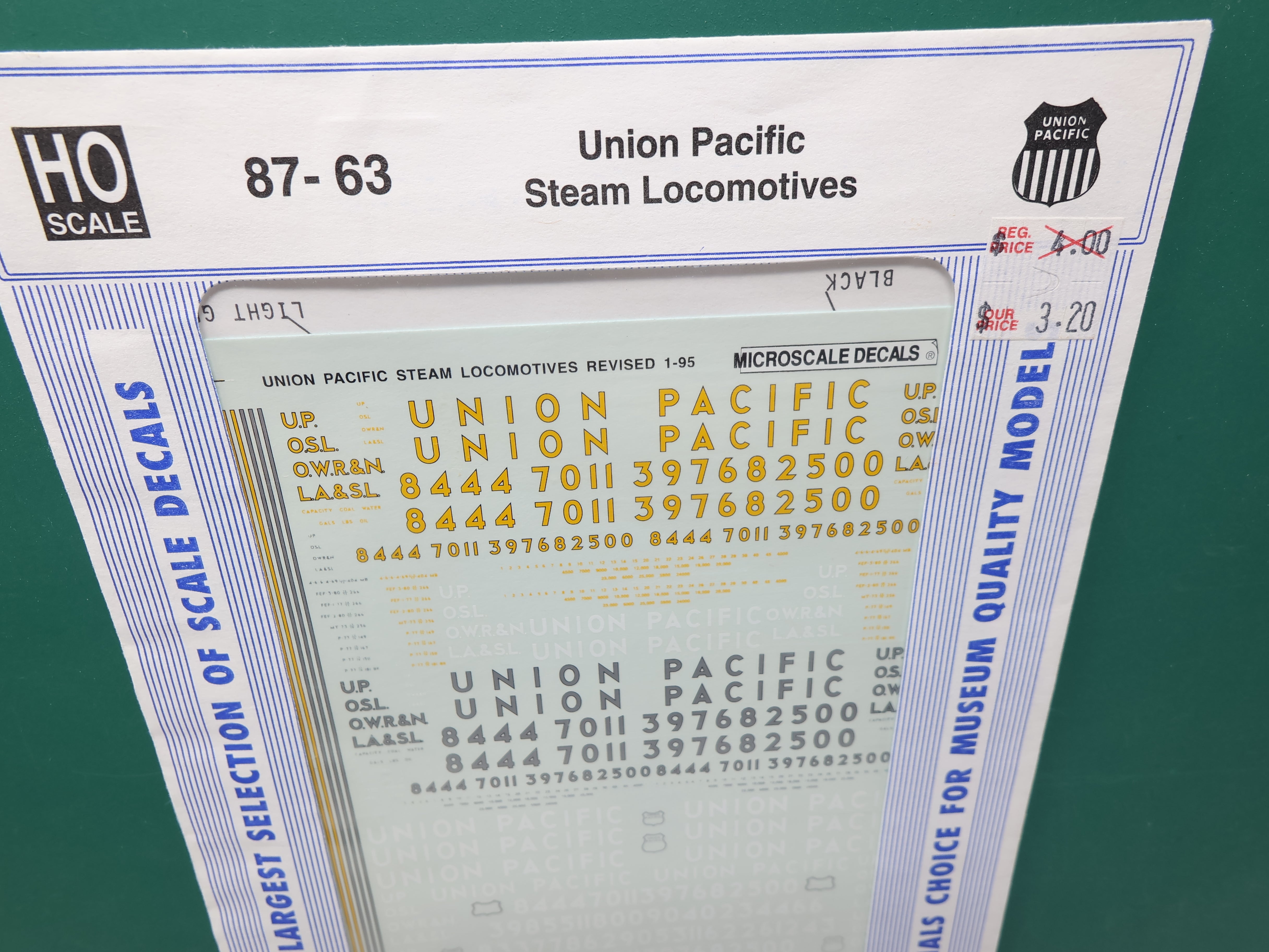 MICROSCALE 87-63 HO Scale, Steam Locomotive Decals, Union Pacific