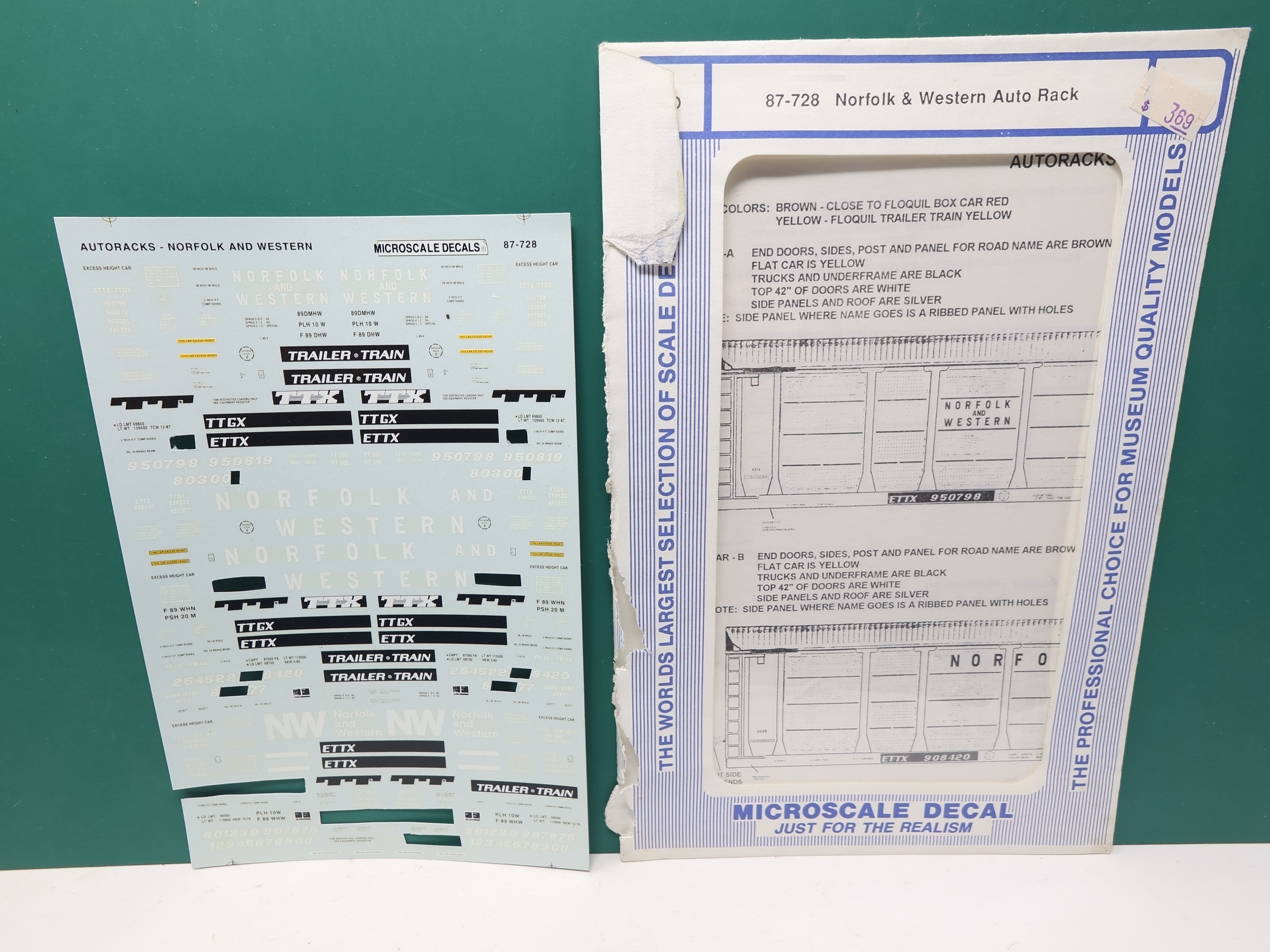 USED MICROSCALE 87-728 HO Scale, Norfolk & Western Auto Rack Decals