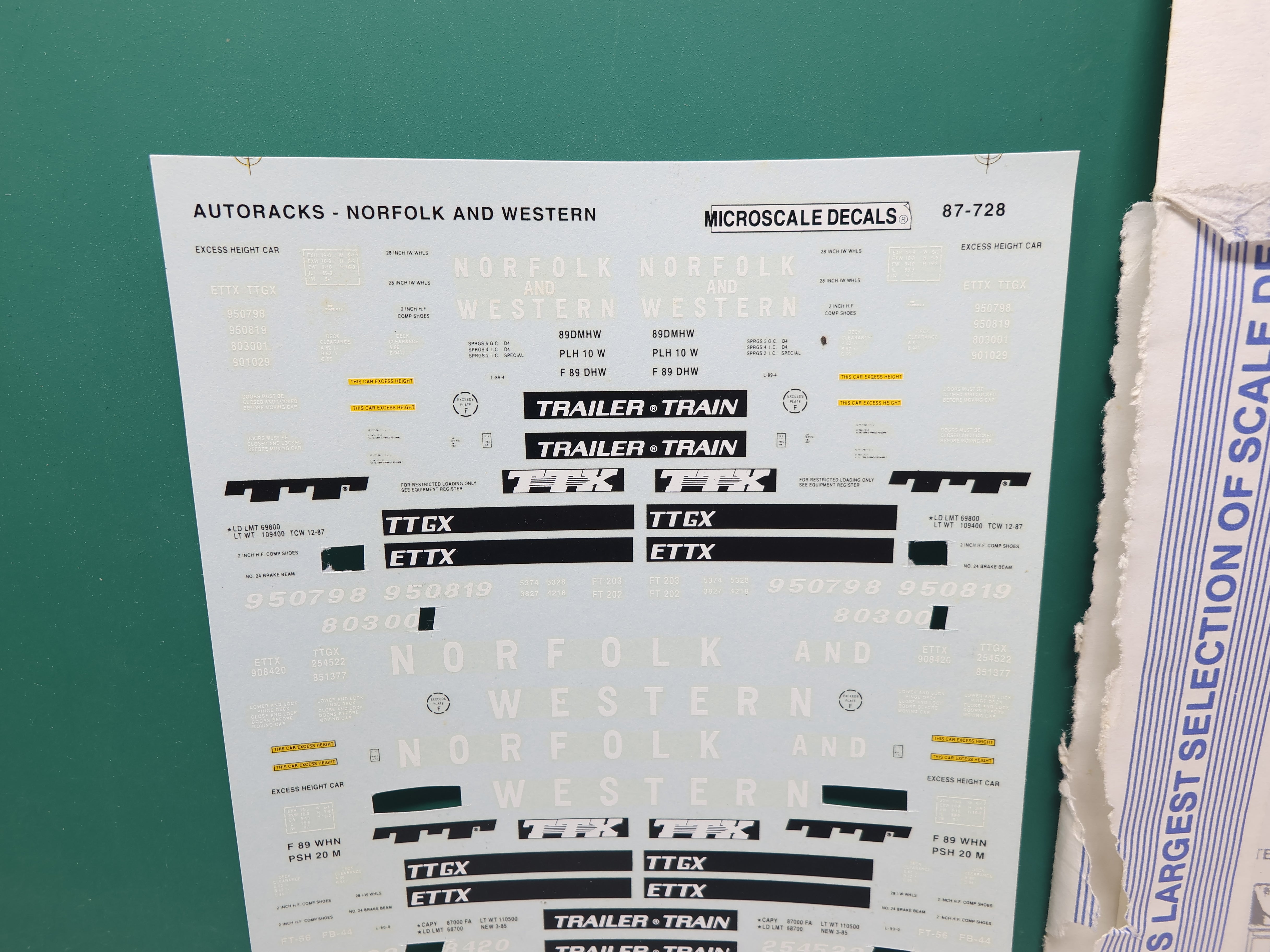 USED MICROSCALE 87-728 HO Scale, Norfolk & Western Auto Rack Decals