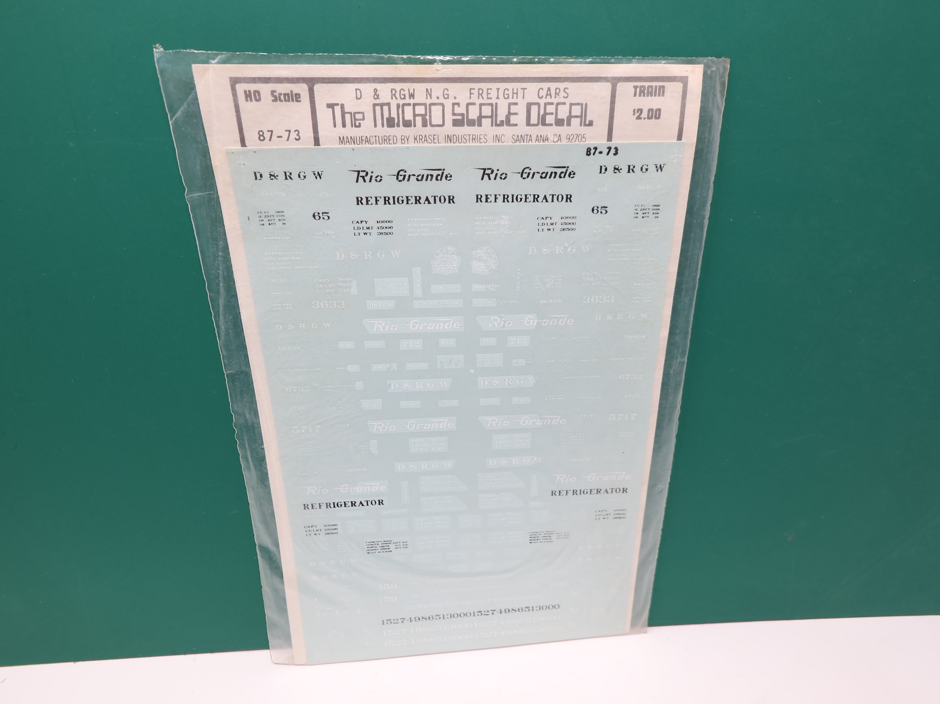 MICROSCALE 87-73 HO Scale D&RGW NG Freight Cars Decals