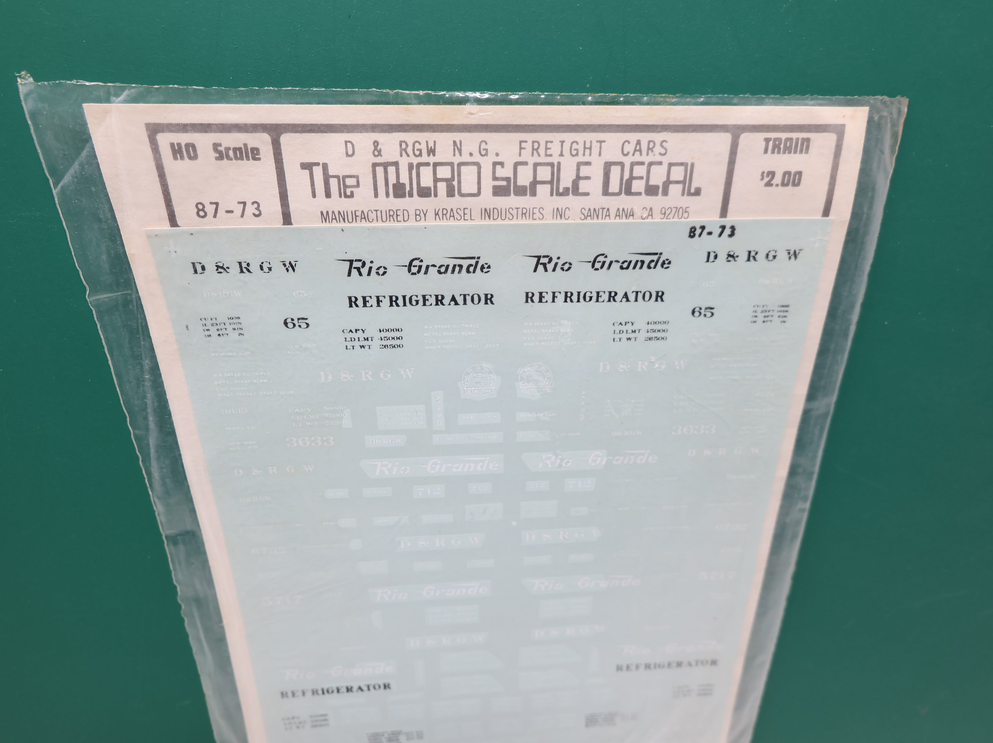 MICROSCALE 87-73 HO Scale D&RGW NG Freight Cars Decals