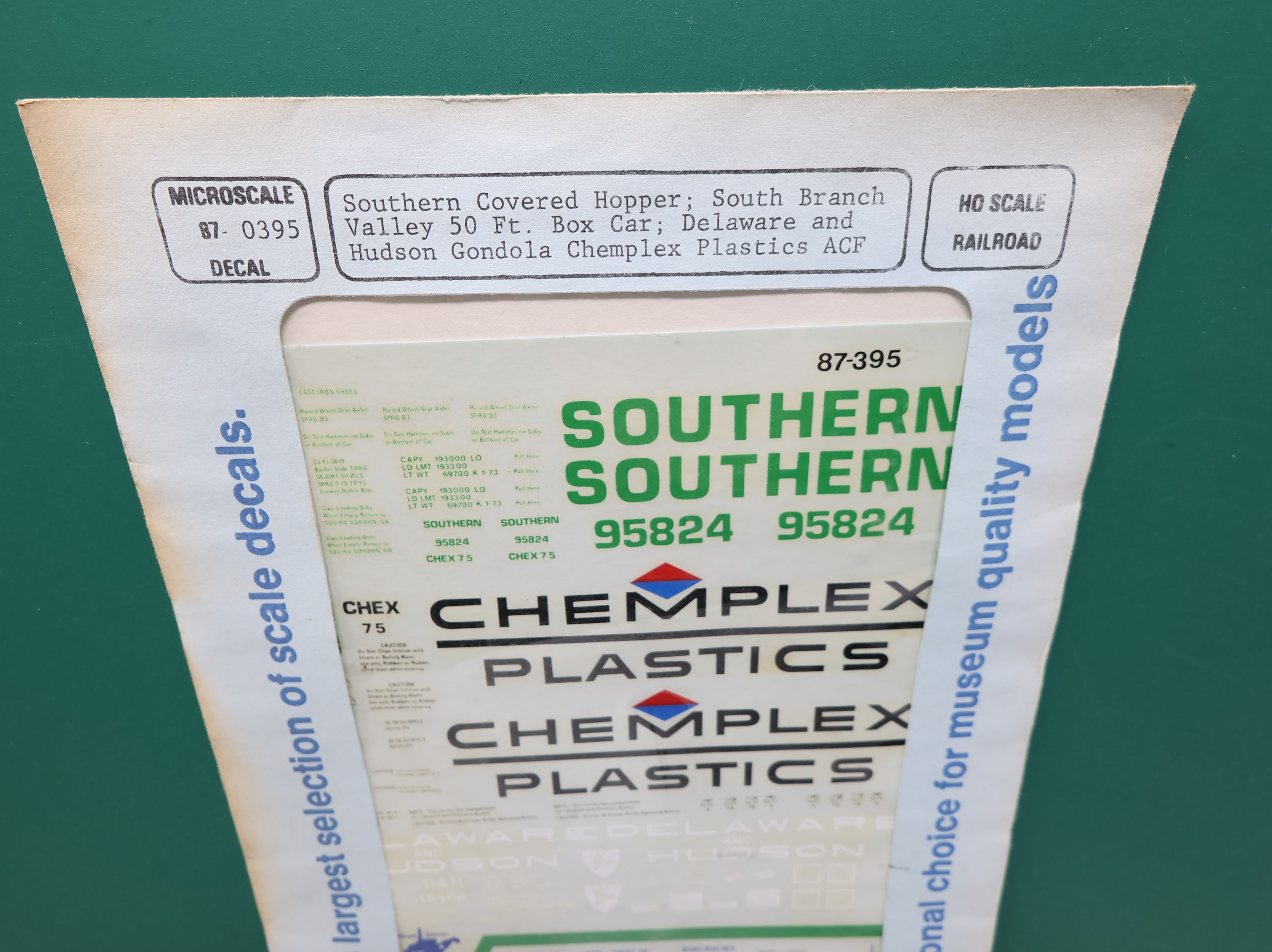 MICROSCALE 87-0395 HO Scale Southern Covered Hopper, South Branch Valley Box Car, D&H Gondola, Chemplex Plastics ACF Decals