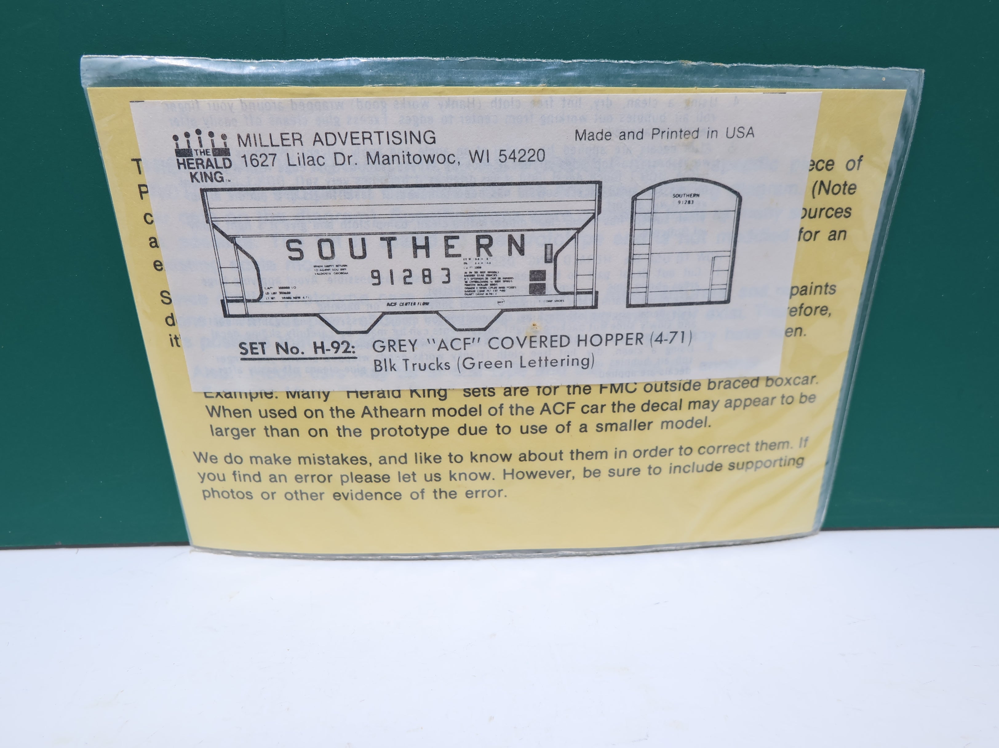 The Herald King H92 HO Scale Southern Grey ACF Covered Hopper Green Lettering Decals