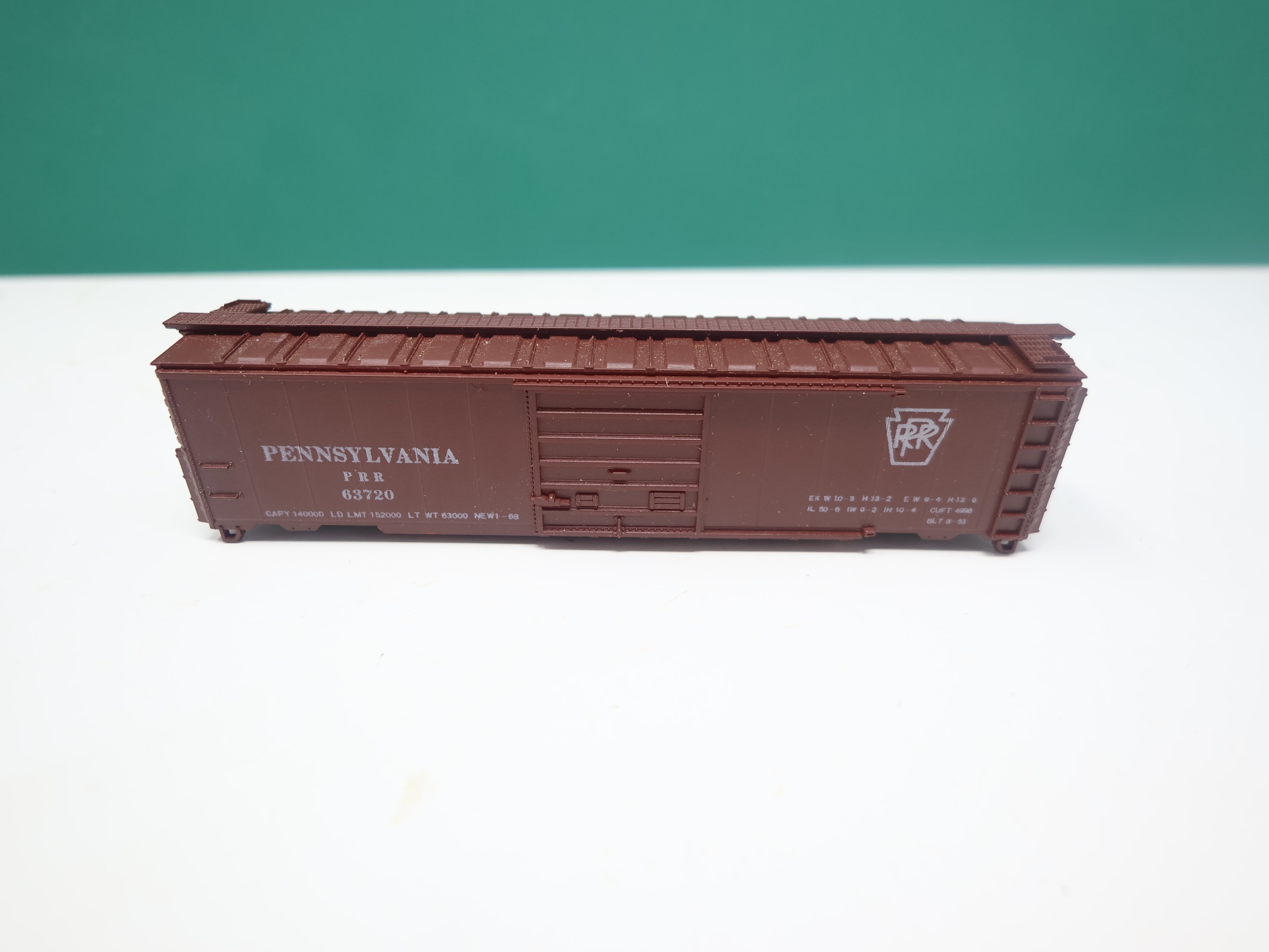 USED Con-Cor N Scale, 50' Box Car, Pennsylvania PRR #63720, No trucks