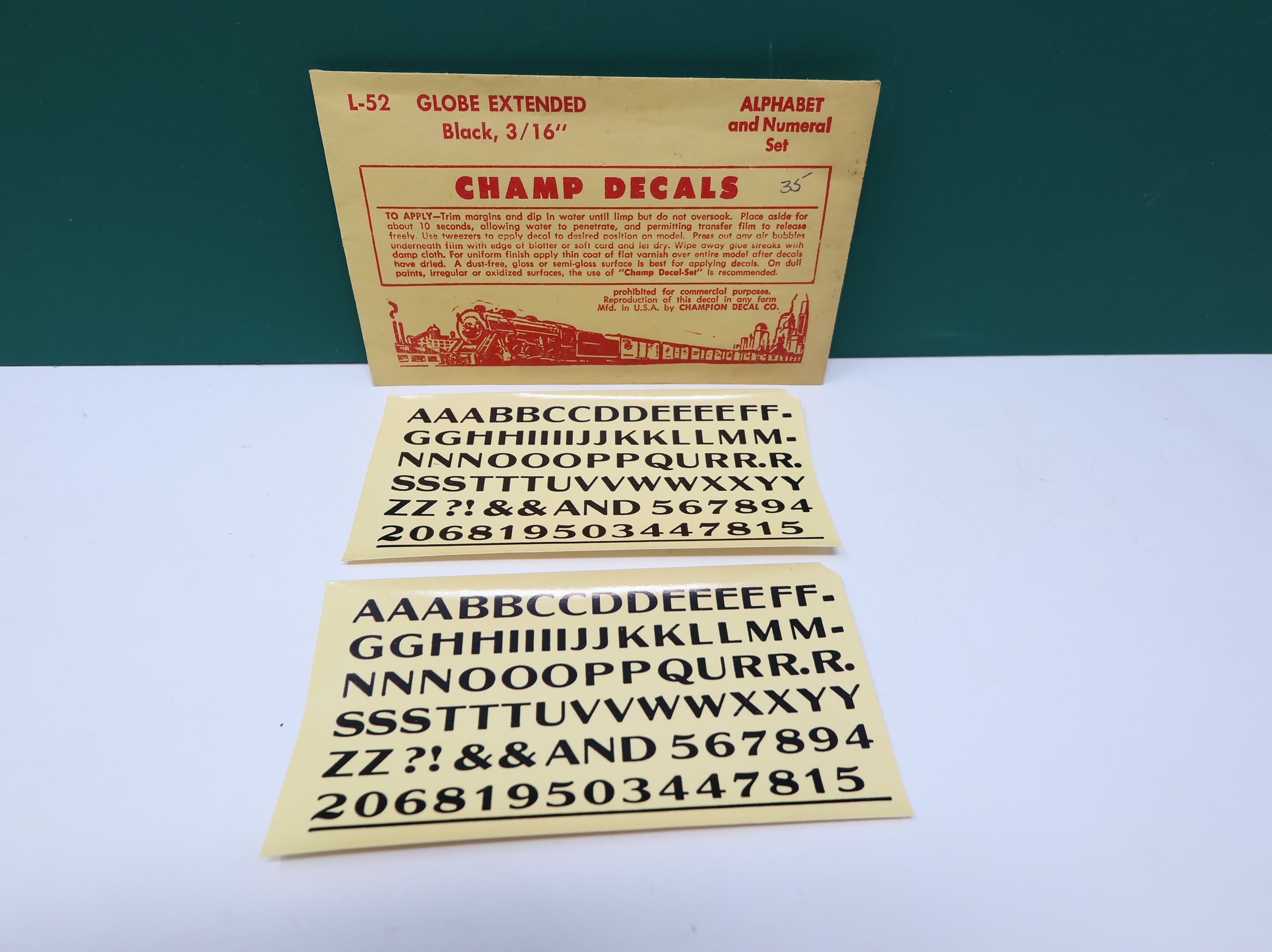 USED Champ Decals L52 HO Scale Globe Extended Black Alphabet & Numeral Decals