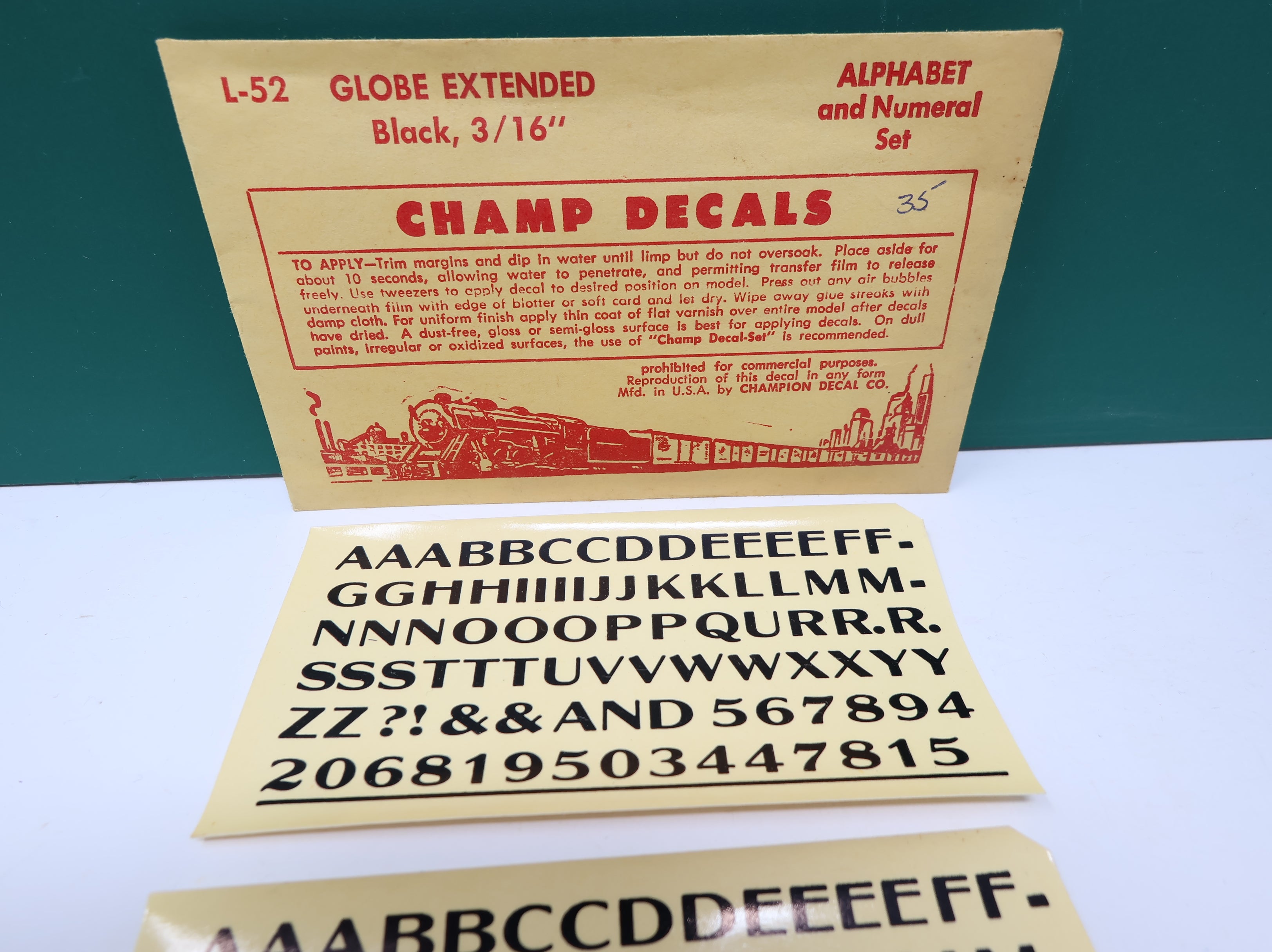 USED Champ Decals L52 HO Scale Globe Extended Black Alphabet & Numeral Decals