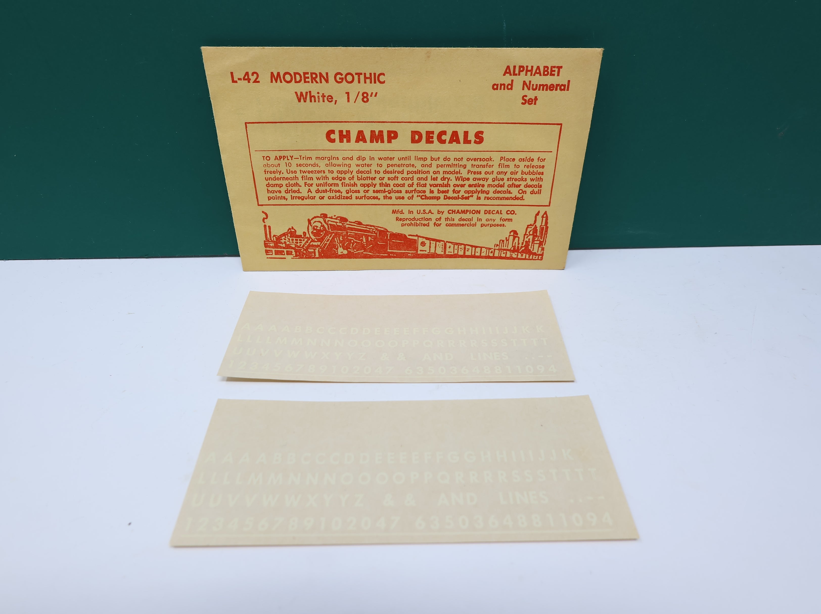 USED Champ Decals L42 HO Scale Modern Gothic White Alphabet & Numeral Decals