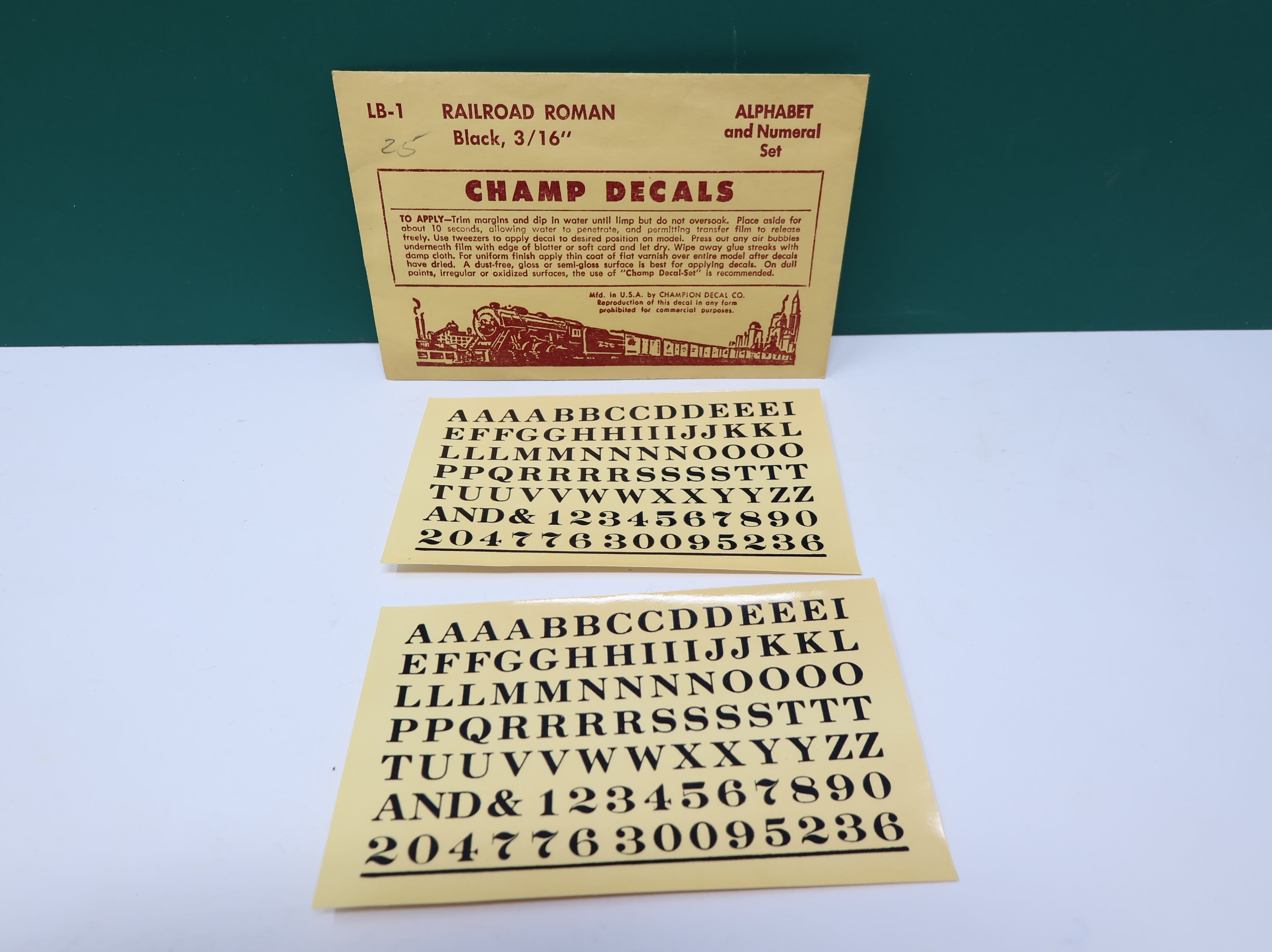 USED Champ Decals LB1 HO Scale Railroad Roman Black Alphabet & Numeral Decals