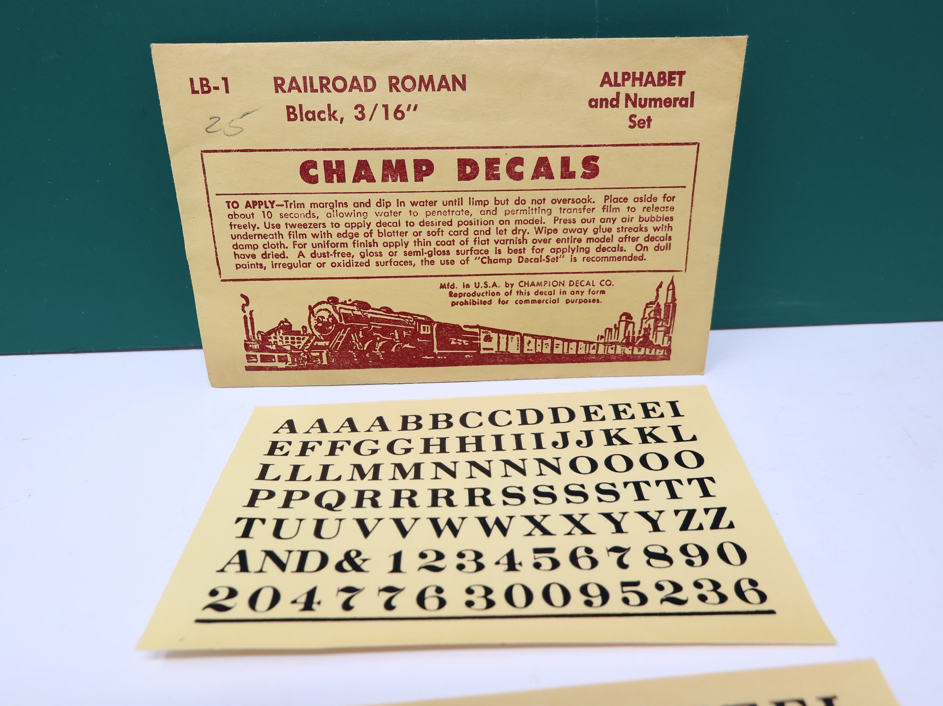 USED Champ Decals LB1 HO Scale Railroad Roman Black Alphabet & Numeral Decals