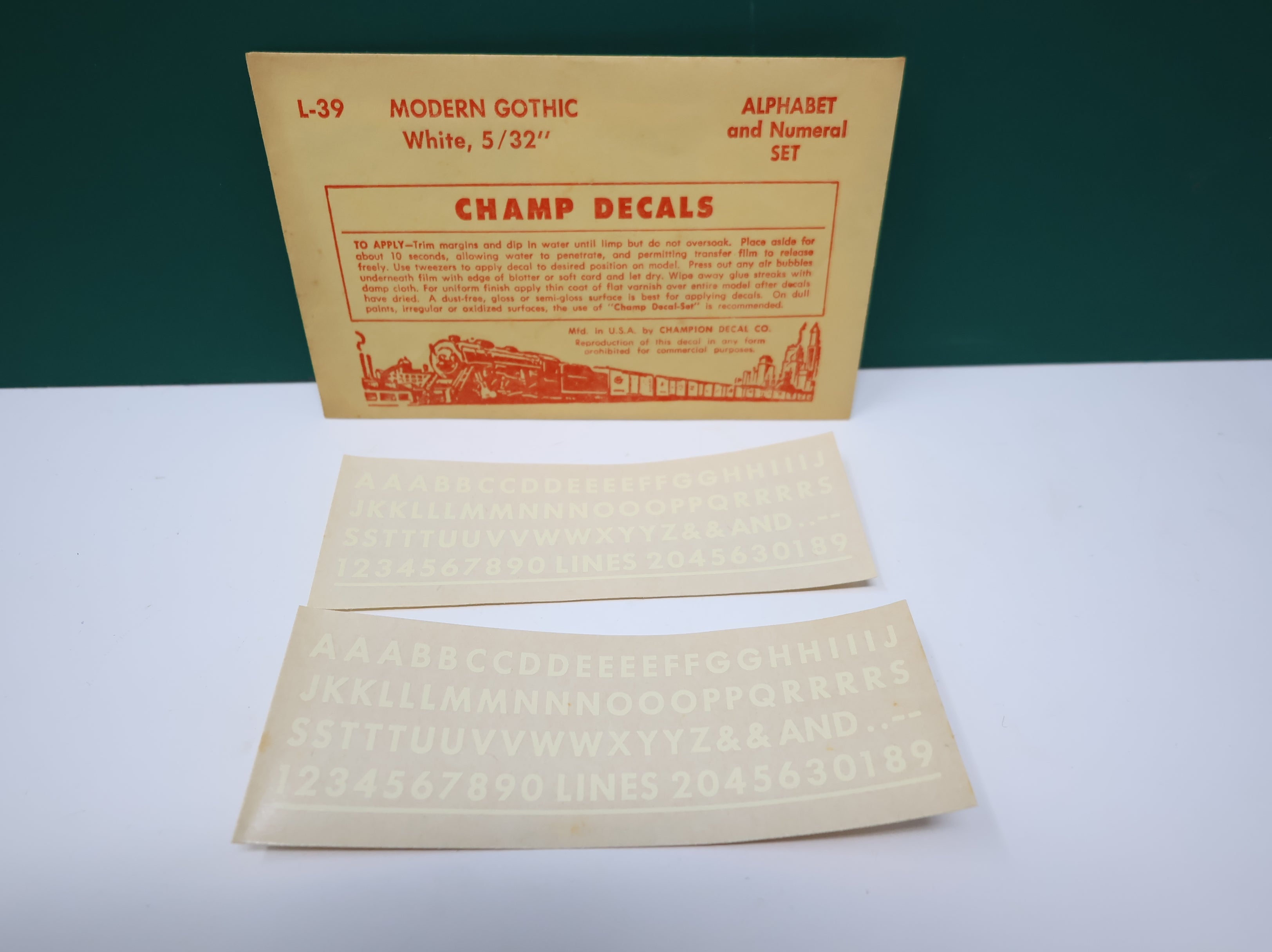 USED Champ Decals L39 HO Scale Modern Gothic White Alphabet & Numeral Decals