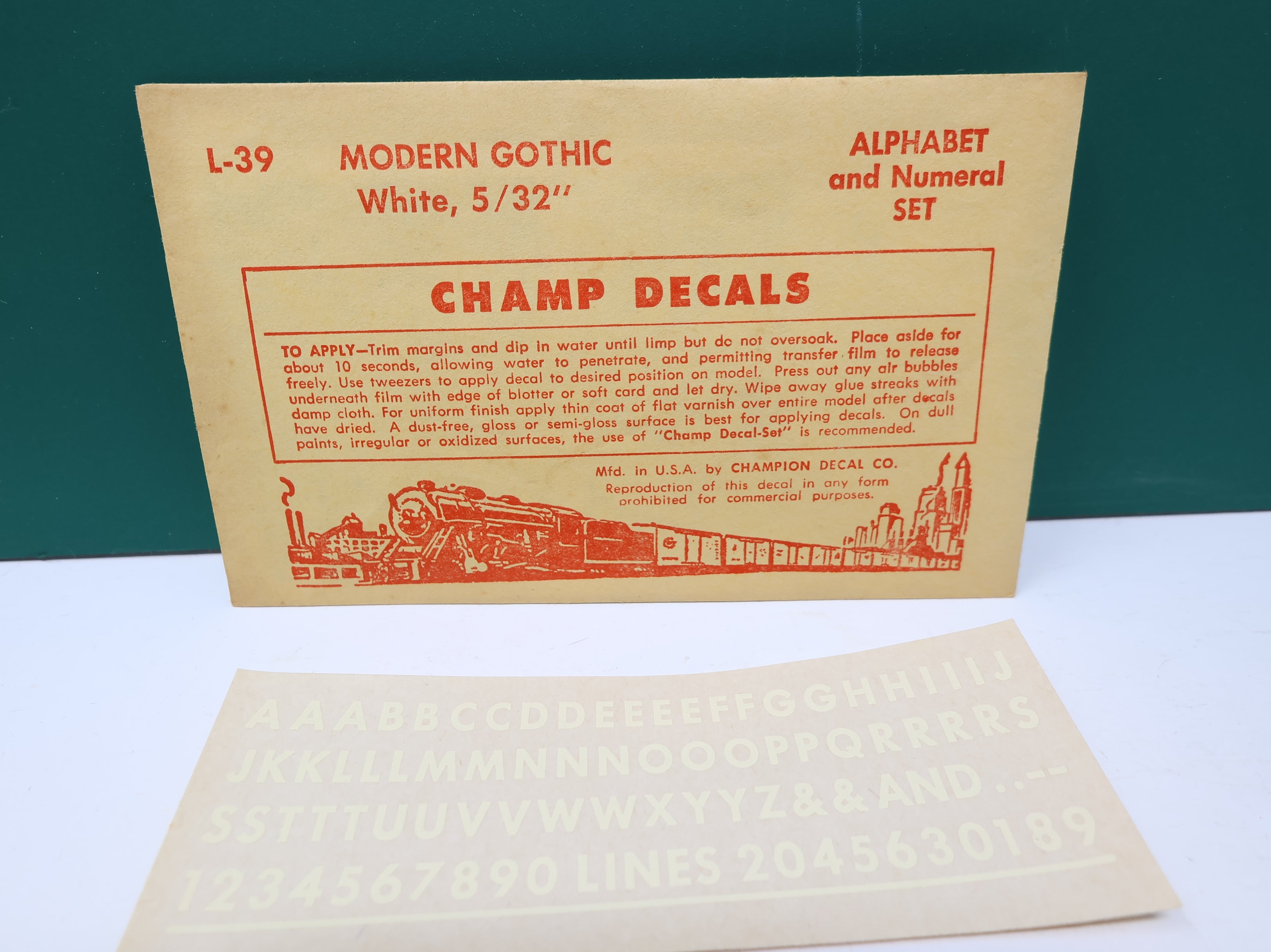 USED Champ Decals L39 HO Scale Modern Gothic White Alphabet & Numeral Decals