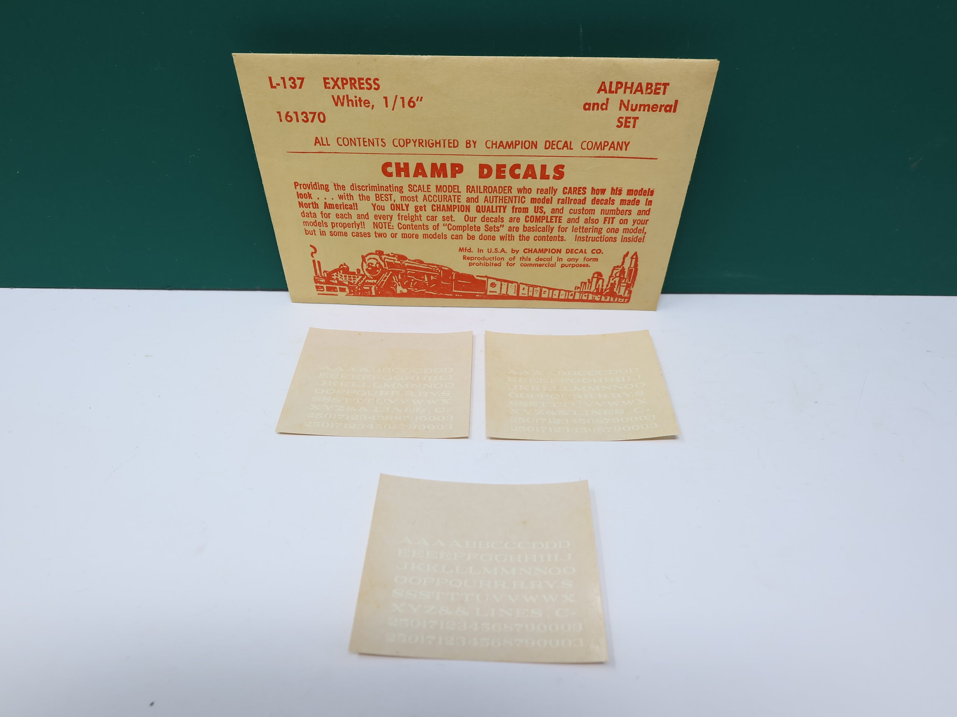 USED Champ Decals L137 HO Scale Express White Alphabet & Numeral Decals