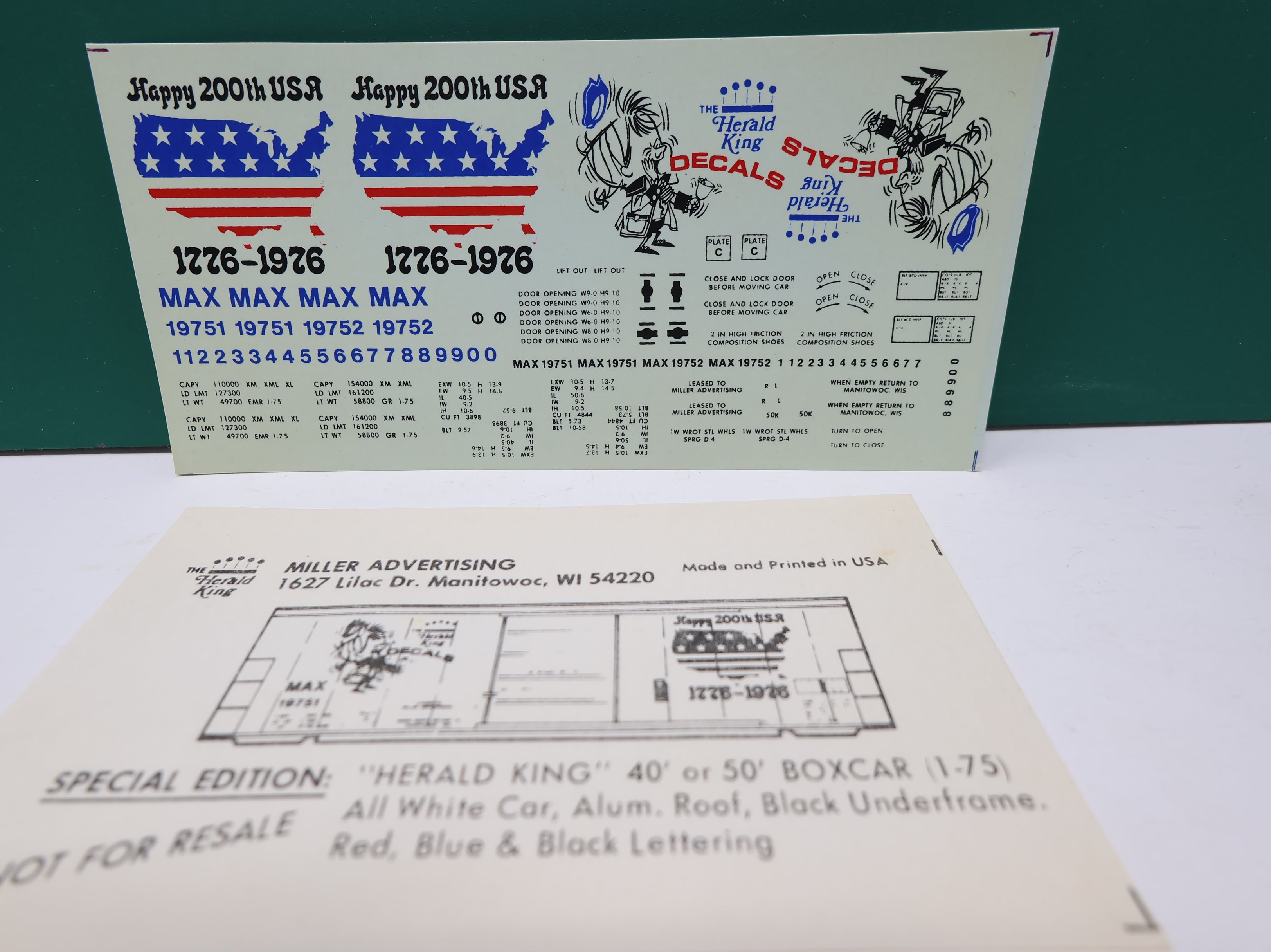 USED The Herald King HO Scale 200th USA 1776-1976 Railroad Decals