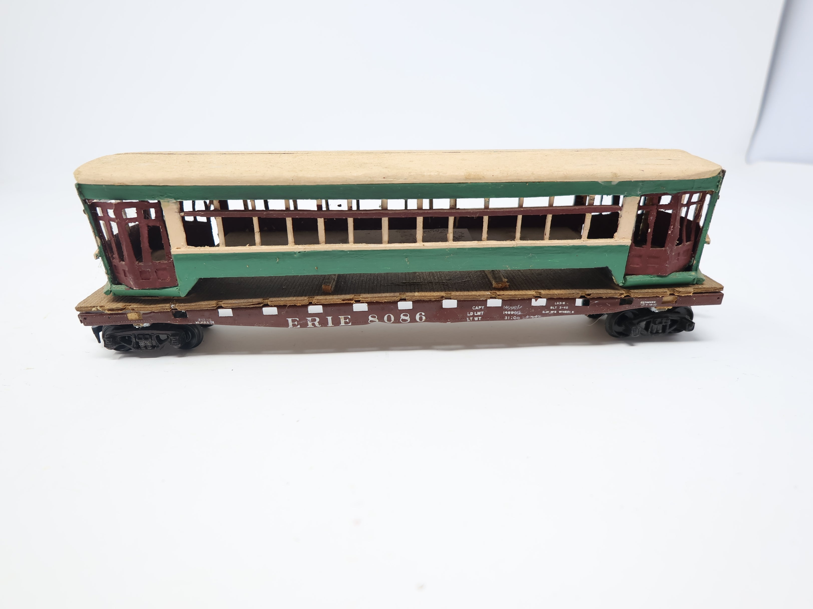 USED HO Scale 52' Flat Car Erie #8086 w/ Trolley Load Custom Wood Rough