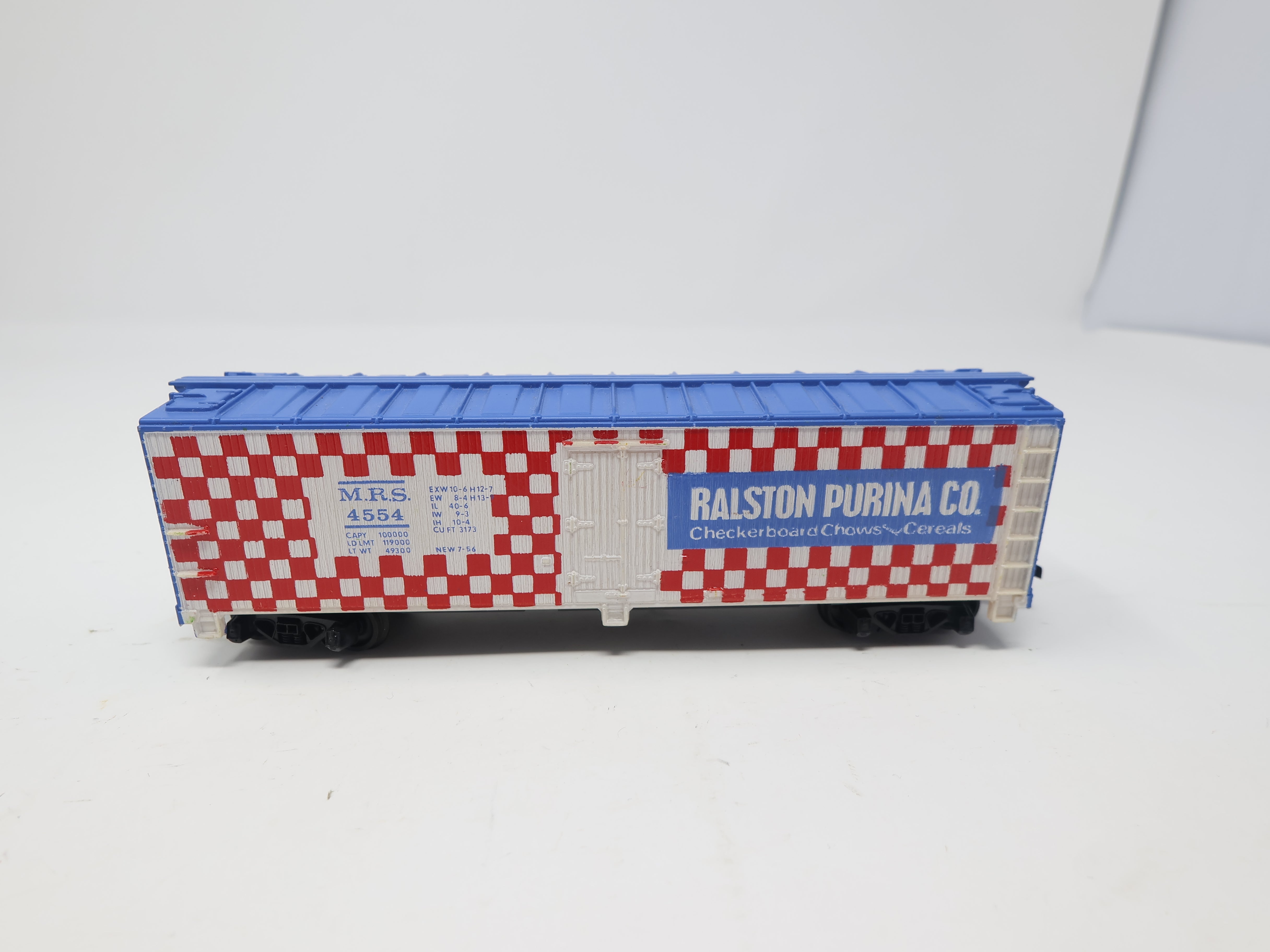 USED Tyco HO Scale, 40' Wooden Reefer Box Car, Ralston Purina Co MRS #4554