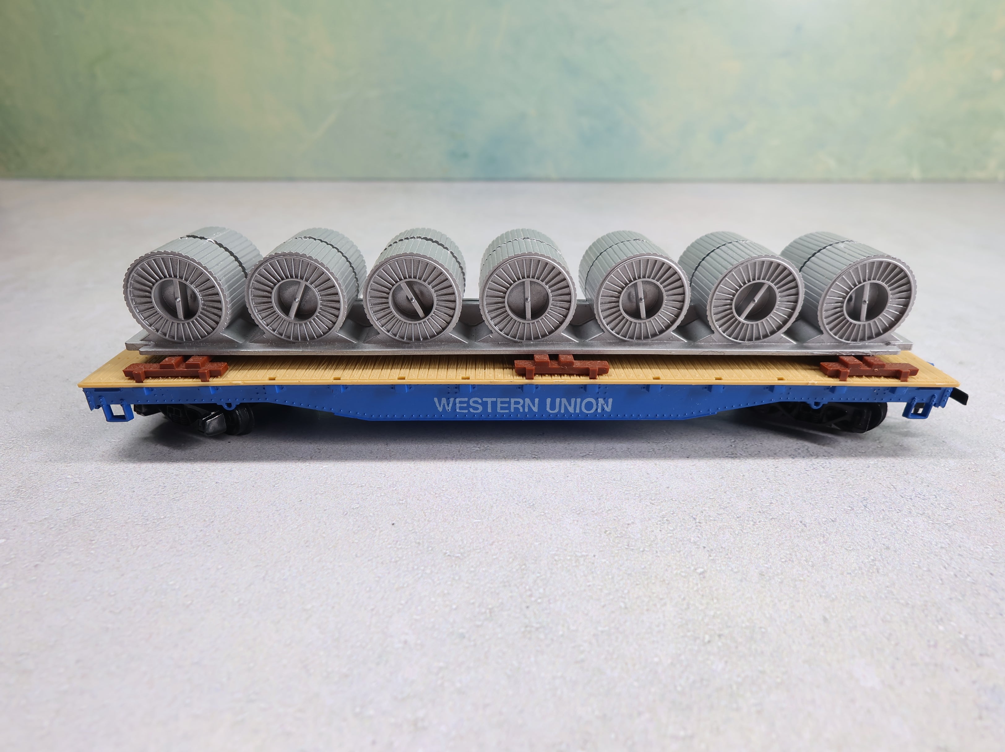 USED Tyco HO Scale 50' Flat Car Western Union w/ Coil Load