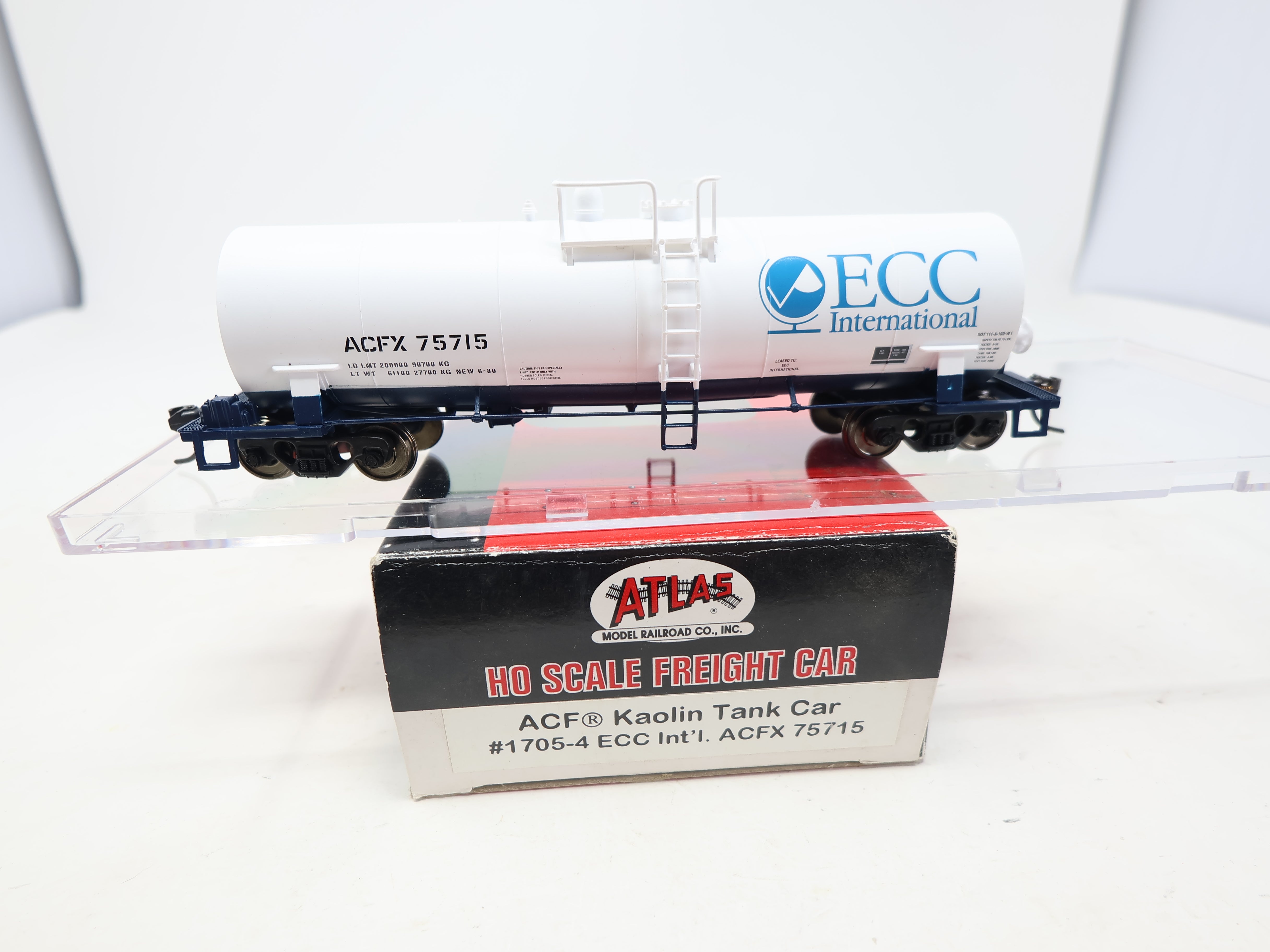 USED Atlas #1705-4 HO Scale, ACF Kaolin Tank Car, ECC International ACFX #75715