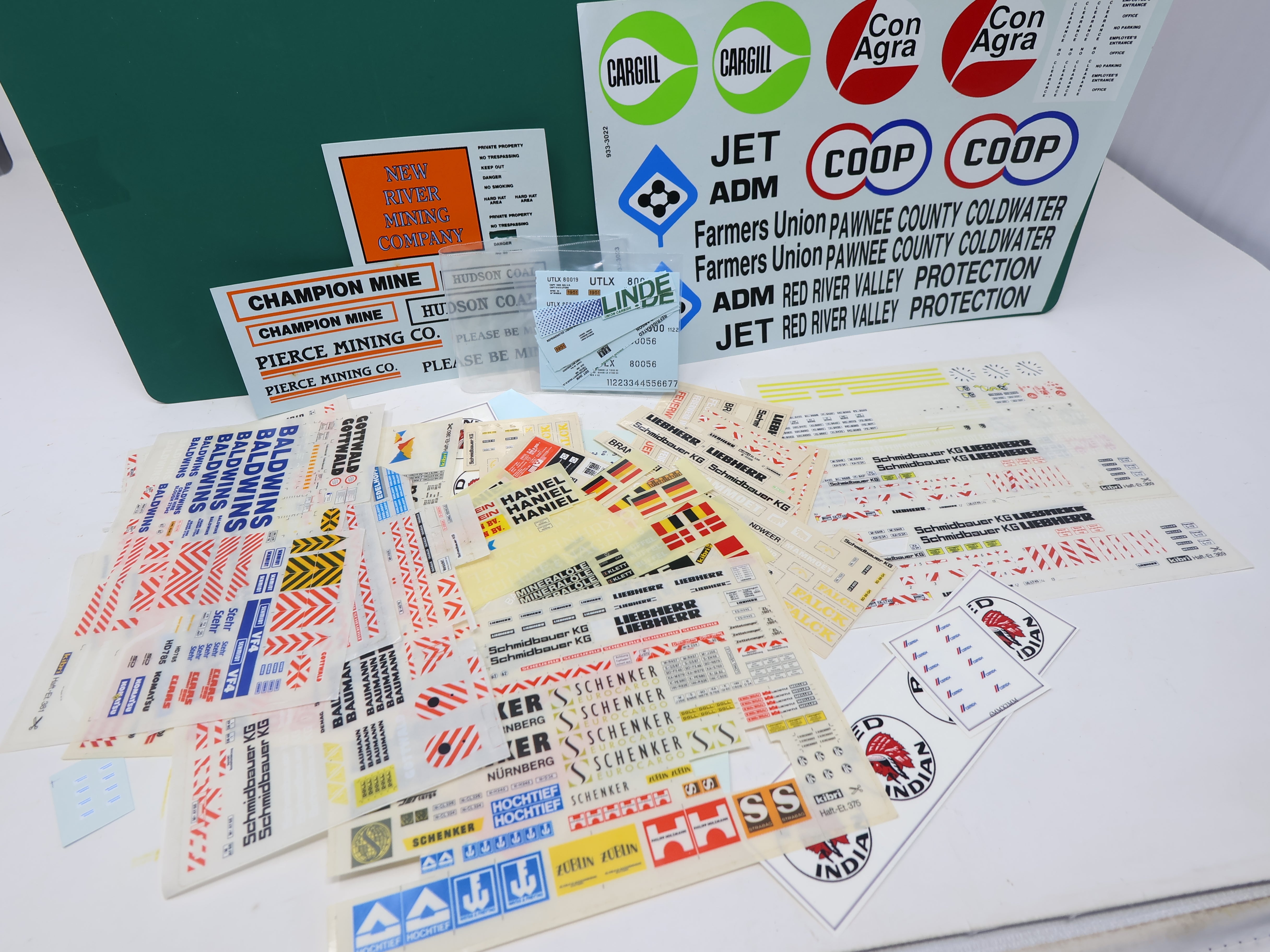 USED HO Scale, Lot of assorted Decals from Kibir, Walthers and others, Linde, ADM, Cargill