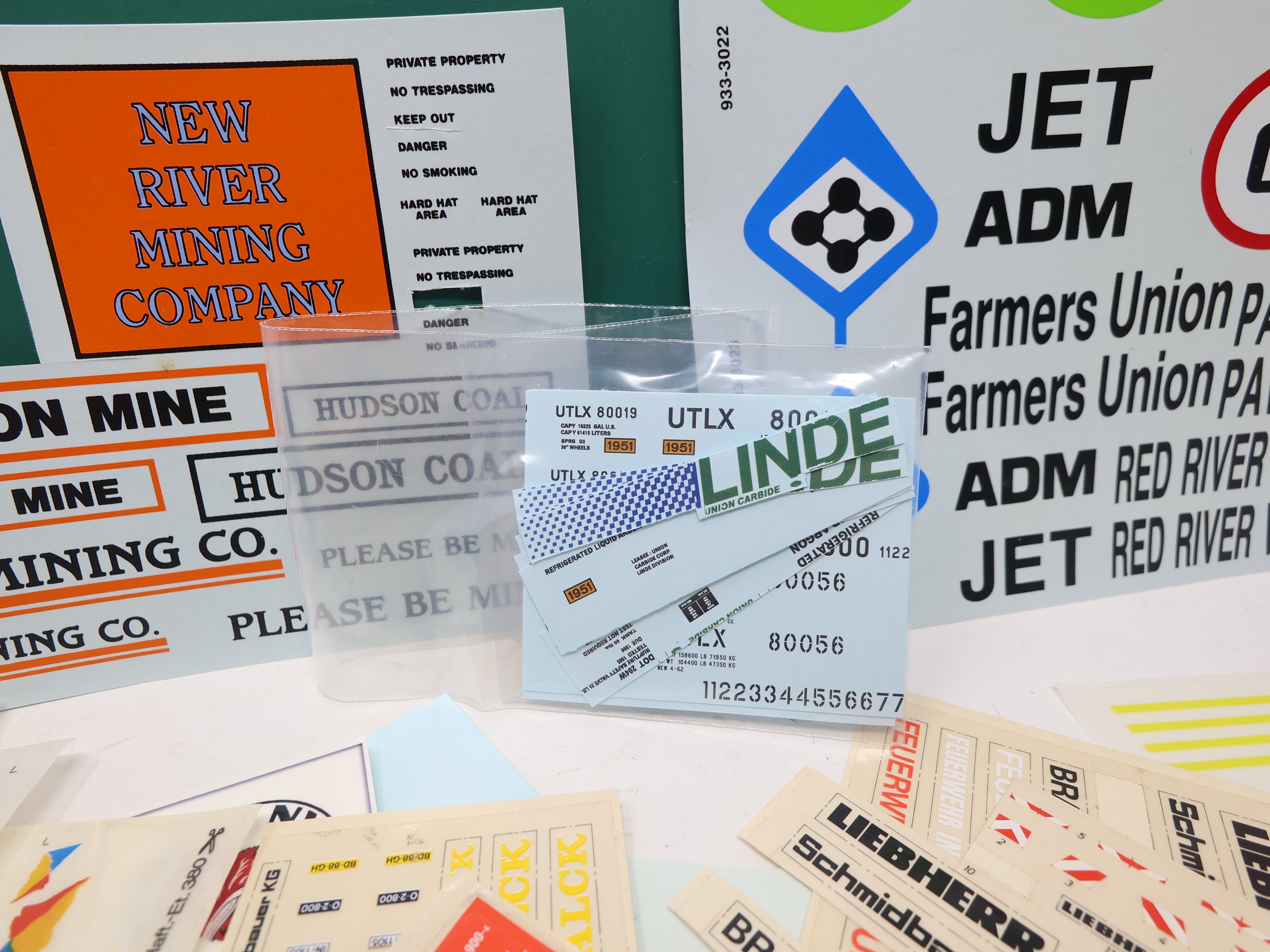 USED HO Scale, Lot of assorted Decals from Kibir, Walthers and others, Linde, ADM, Cargill