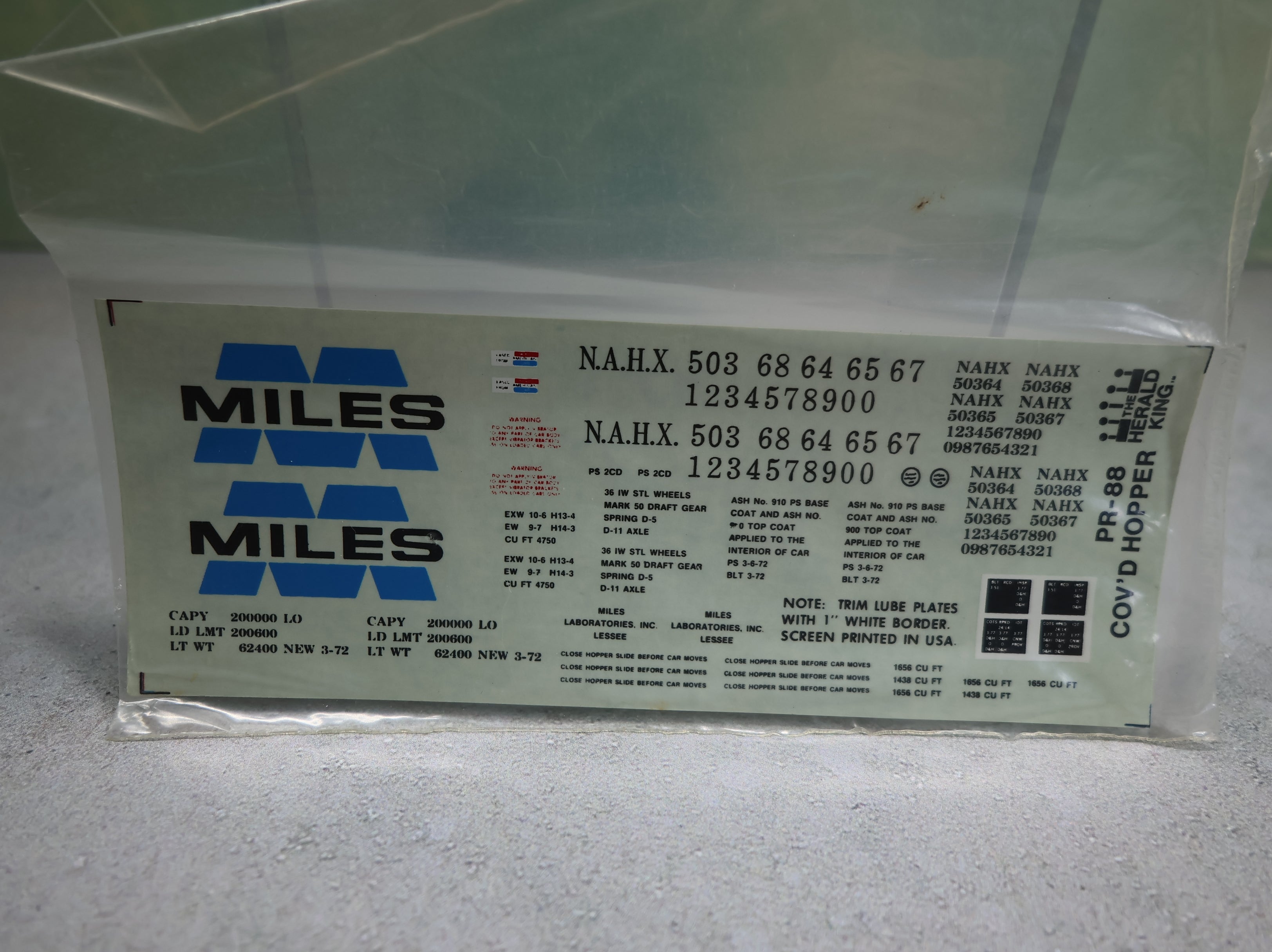 The Herald King PR88 HO Scale Miles Grey Covered Hopper Decals