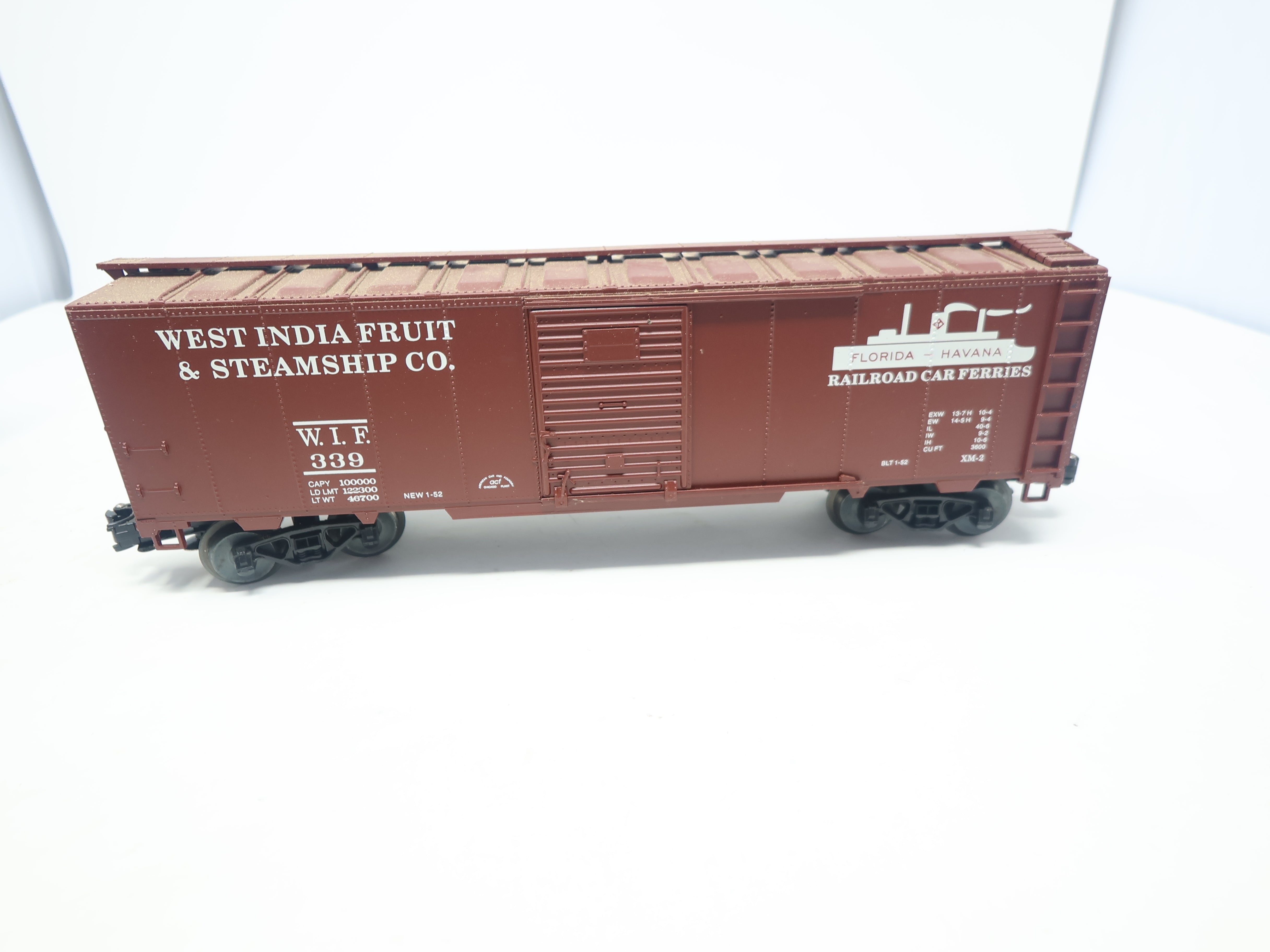 USED Weaver U3525L O, Steel Side Box Car, West India Fruit and Steamship WIF #339, 3 Rail