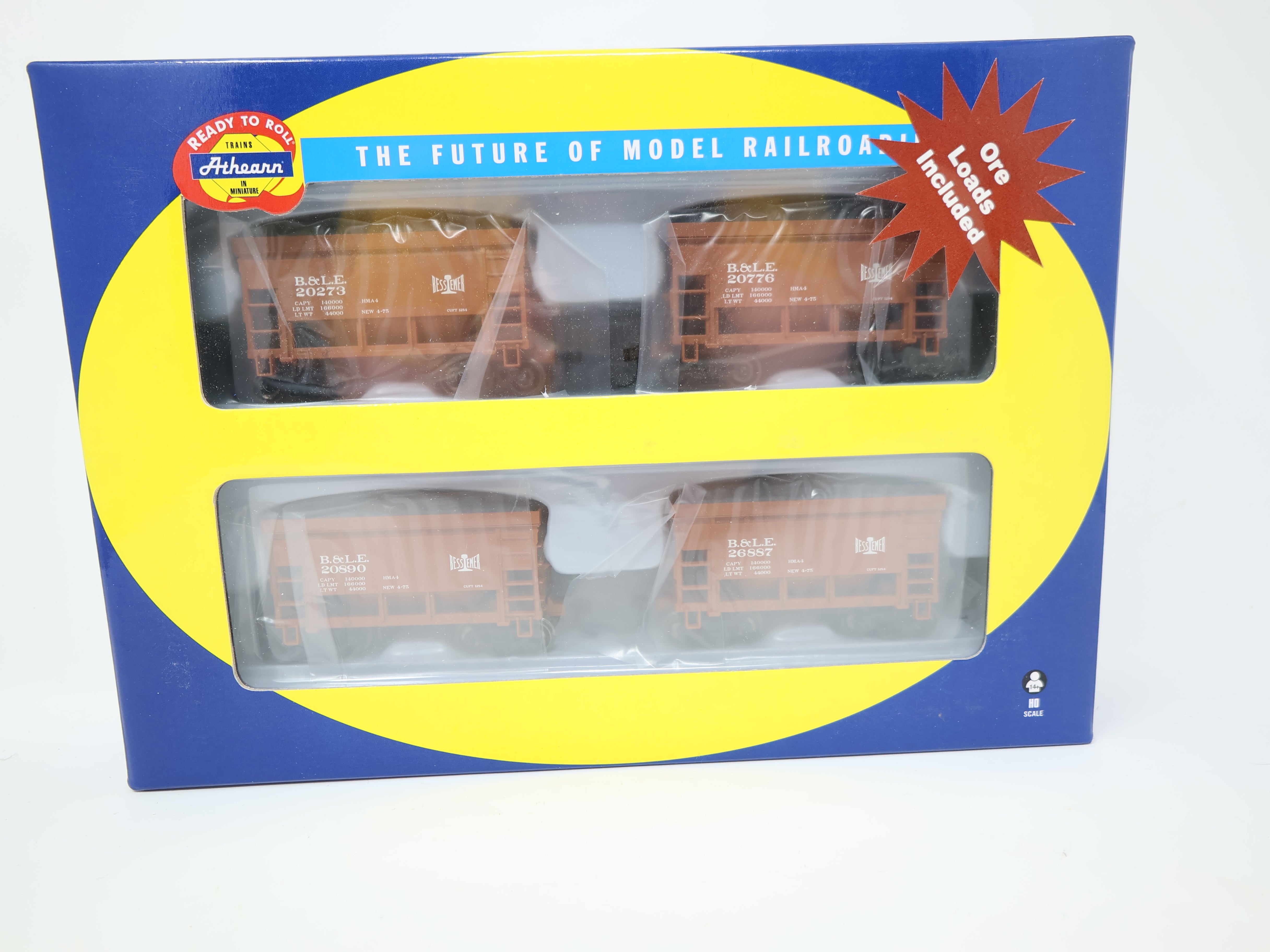 Athearn 87052 HO Scale, 24' Ore Car, Bessemer and Lake Erie B&LE , 4 Pack w/ Loads