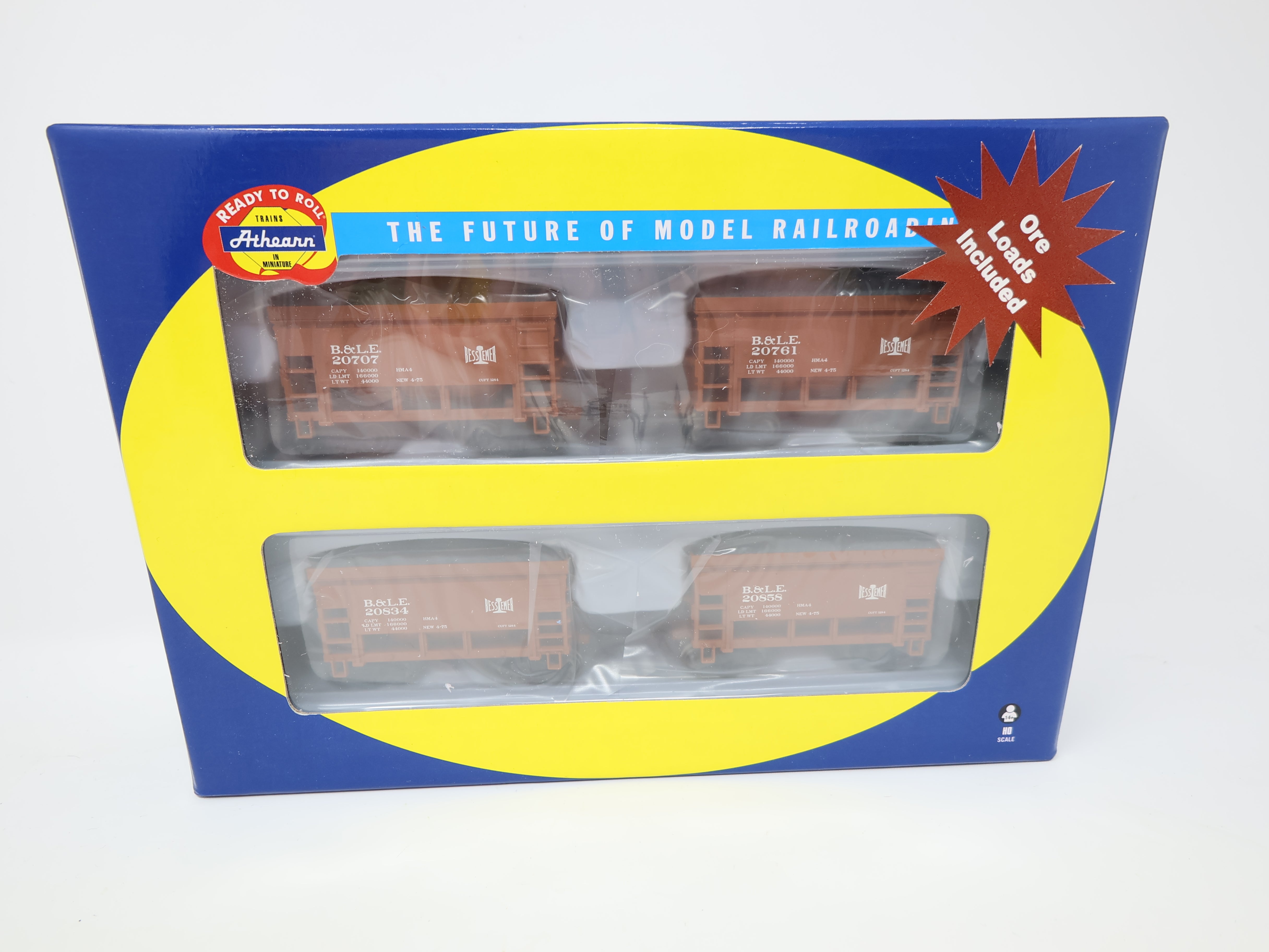 Athearn 87053 HO Scale, 24' Ore Car, Bessemer and Lake Erie B&LE , 4 Pack w/ Loads