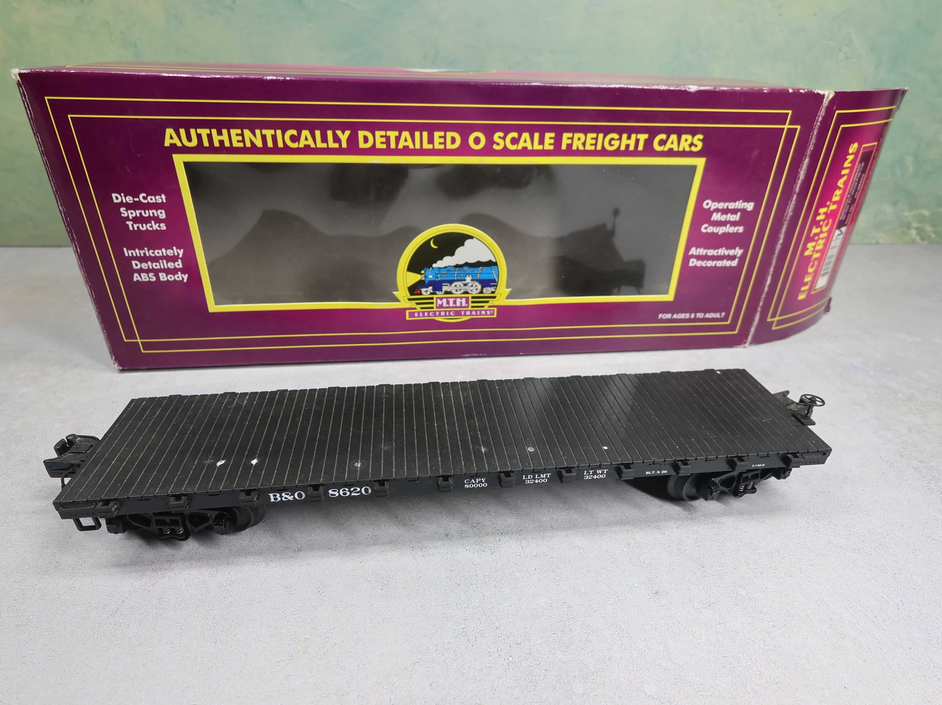 USED MTH Premier 20-98453 O 50 Ton 41' Wood Flat Car Baltimore and Ohio B&O #8620