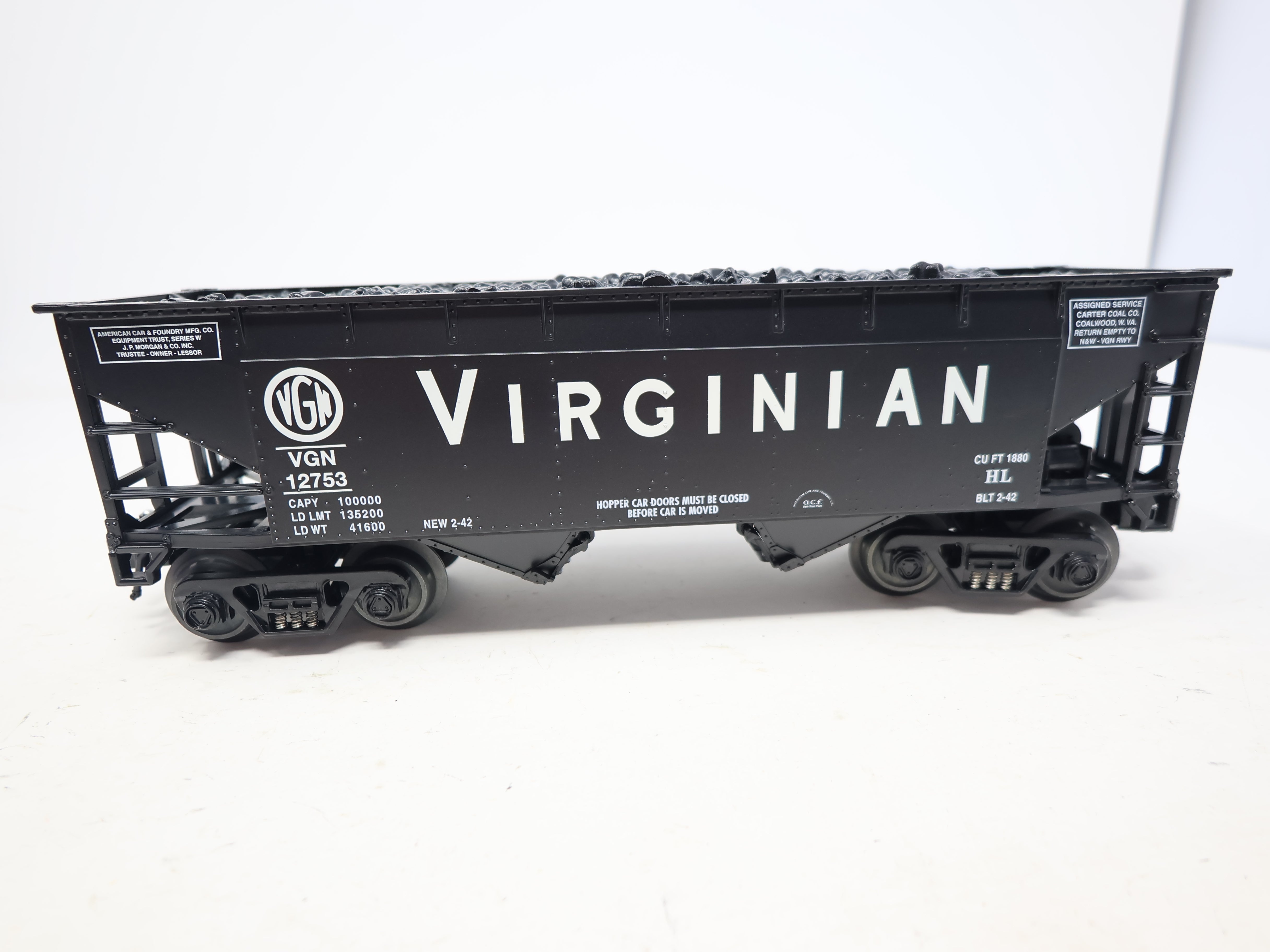 USED RMT 96235 O, 2-Bay Coal Hopper w/ Coal Load, Virginian VGN #12753