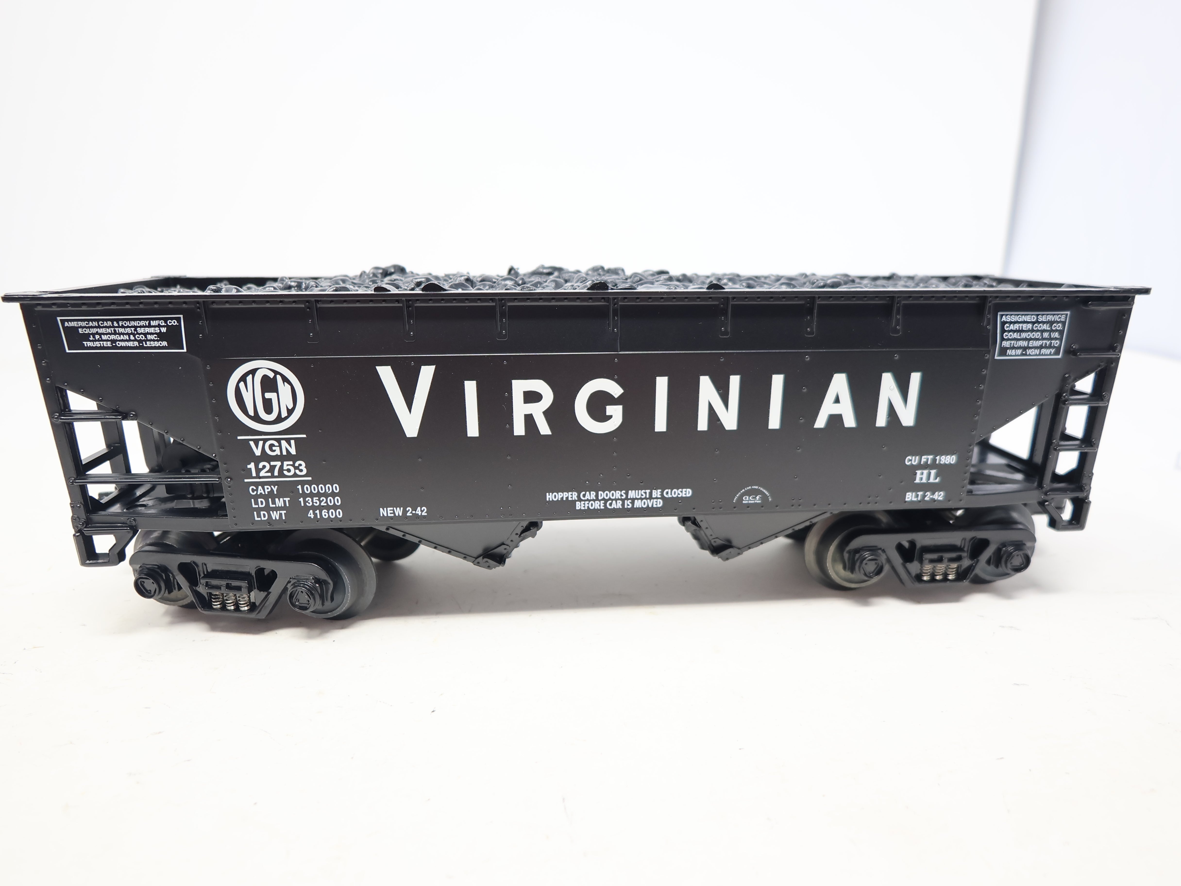 USED RMT 96235 O, 2-Bay Coal Hopper w/ Coal Load, Virginian VGN #12753