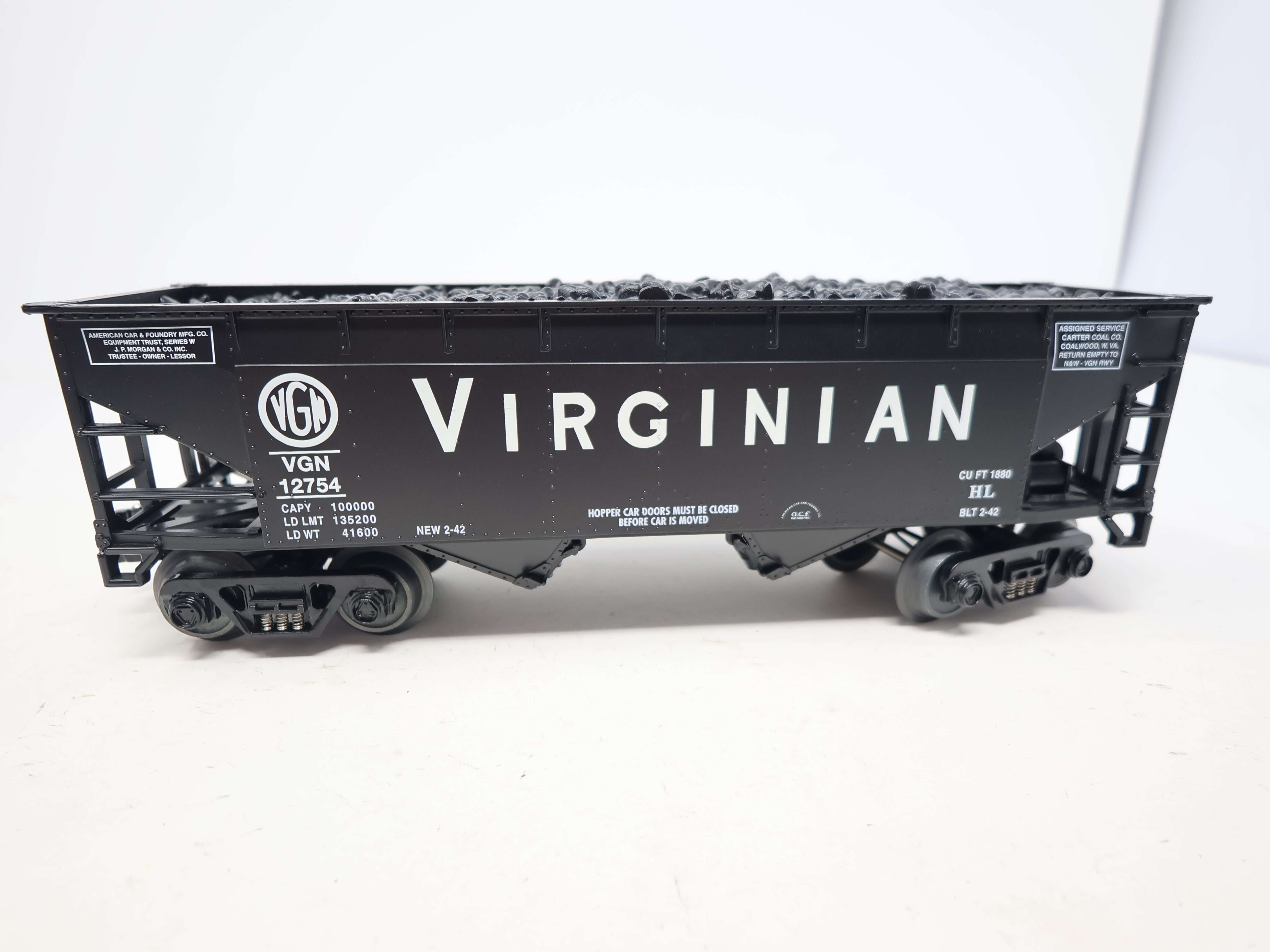 USED RMT 96235 O, 2-Bay Coal Hopper w/ Coal Load, Virginian VGN #12754