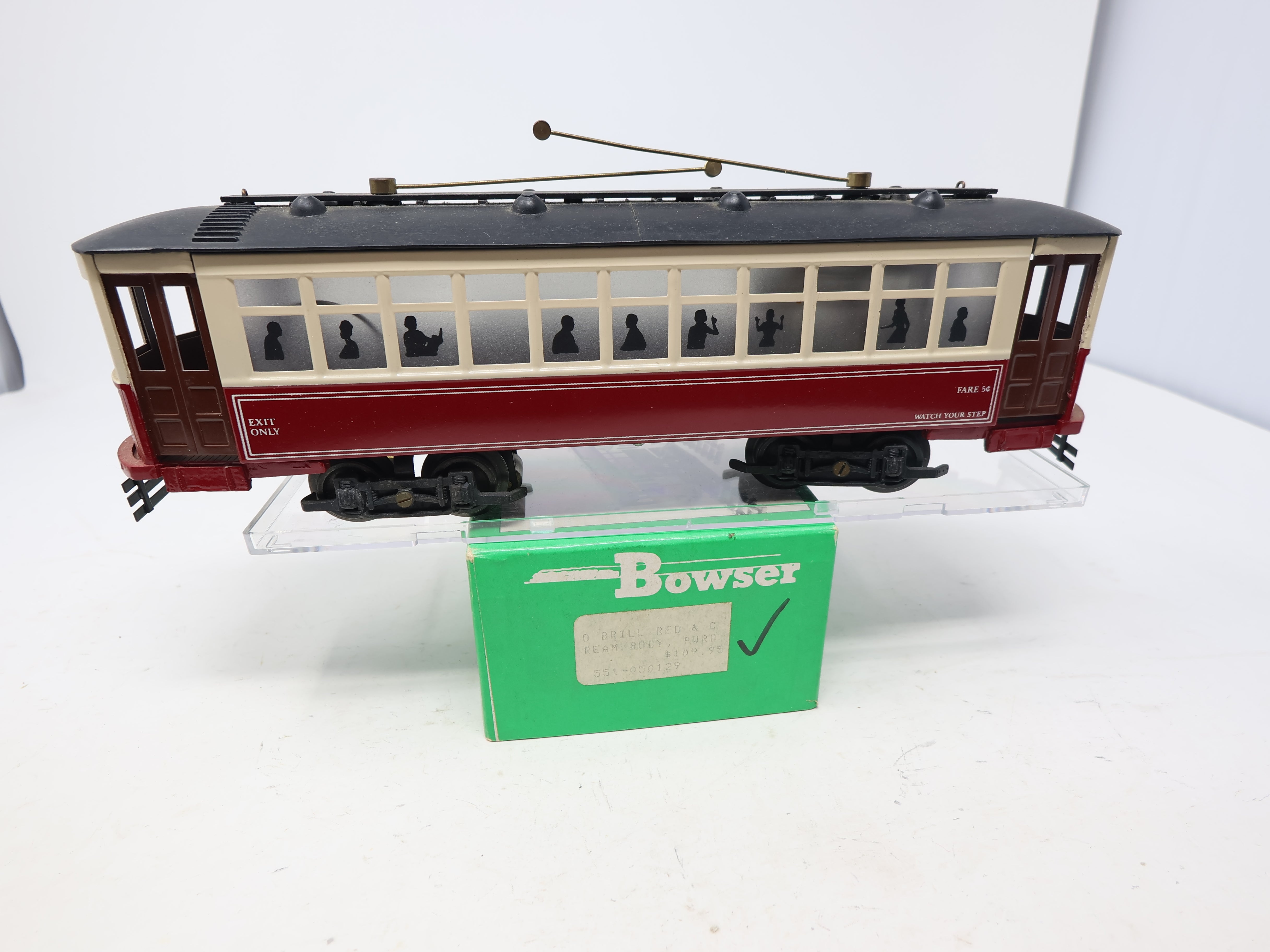 USED Bowser #551-050129 O, Powered Brill Trolley w/ Red & Cream Body, Parts/Repairs