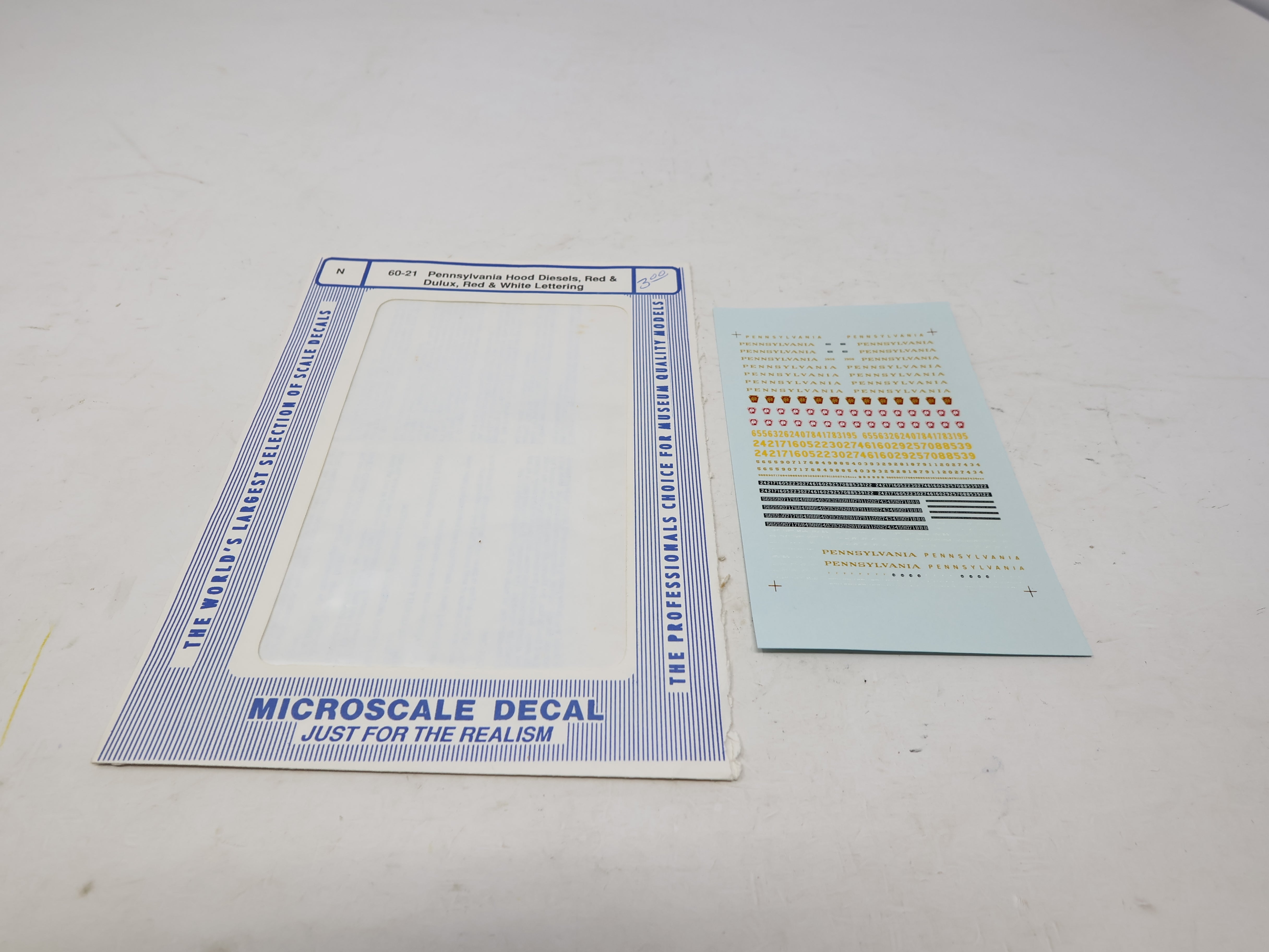 USED MICROSCALE 60-21 N Scale, Pennsylvania Hood Diesels, Red & Delux, Red & White Lettering Decals (Open Pack)