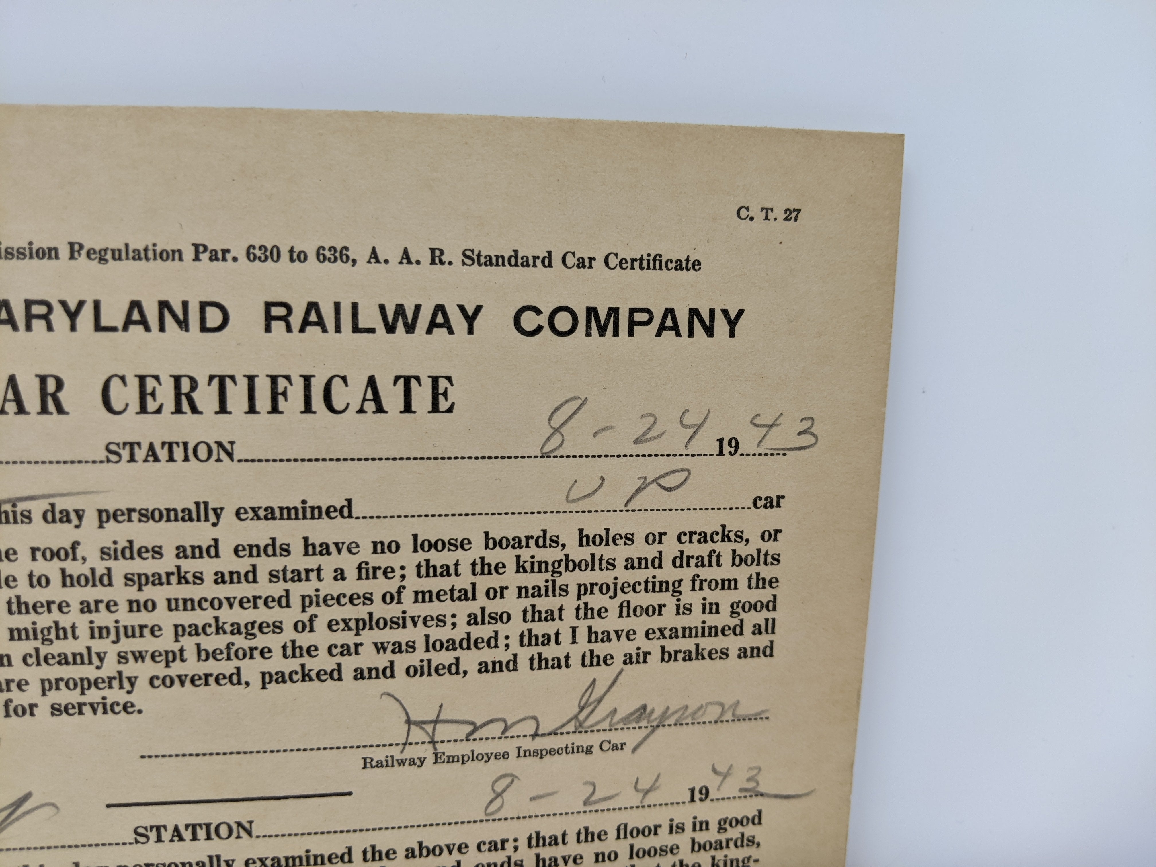 USED , Western Maryland Railway Company Car Certificate, Union Pacific UP #191532, 1943