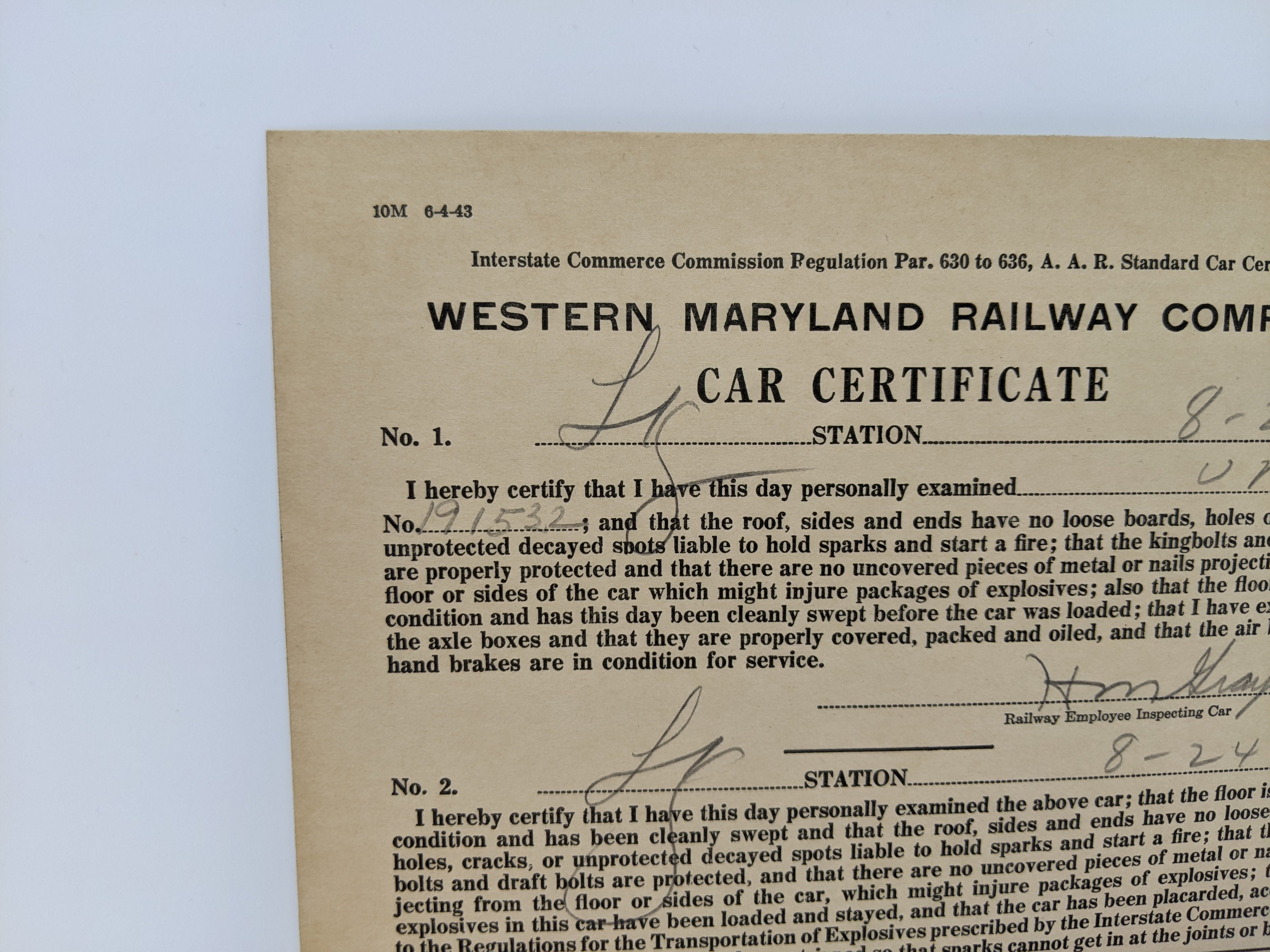 USED , Western Maryland Railway Company Car Certificate, Union Pacific UP #191532, 1943