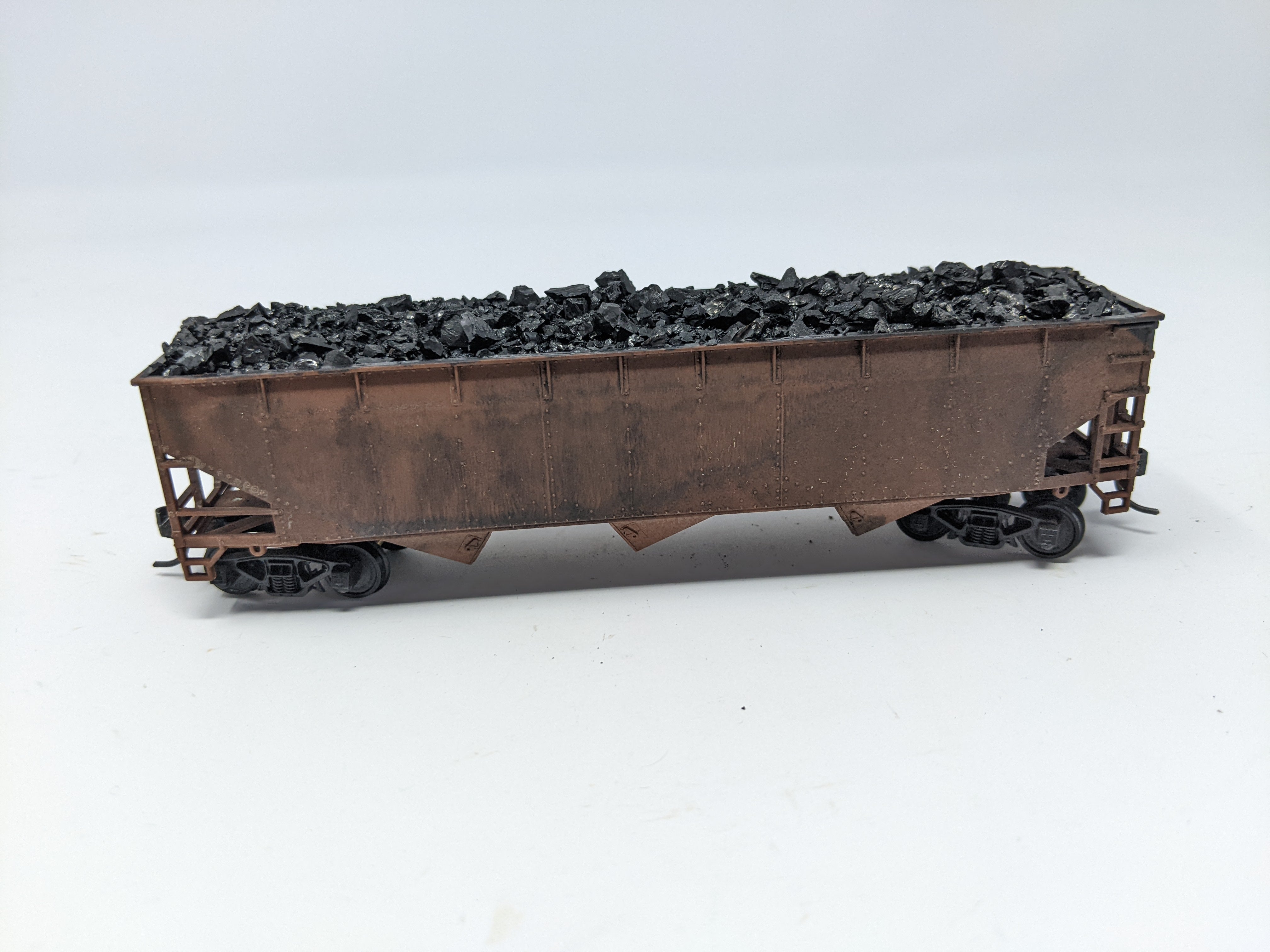 USED HO Scale, 3 Bay Hopper with Real Coal Load Weathered, Undecorated