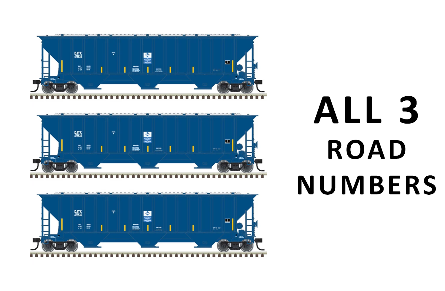 Atlas 20006640, 20006638, 20006639 HO Scale, Thrall 4750 Covered Hopper (3 Car Pack), David J. Joseph Transportation DJTX #475590, 475536, 475586, Stripes